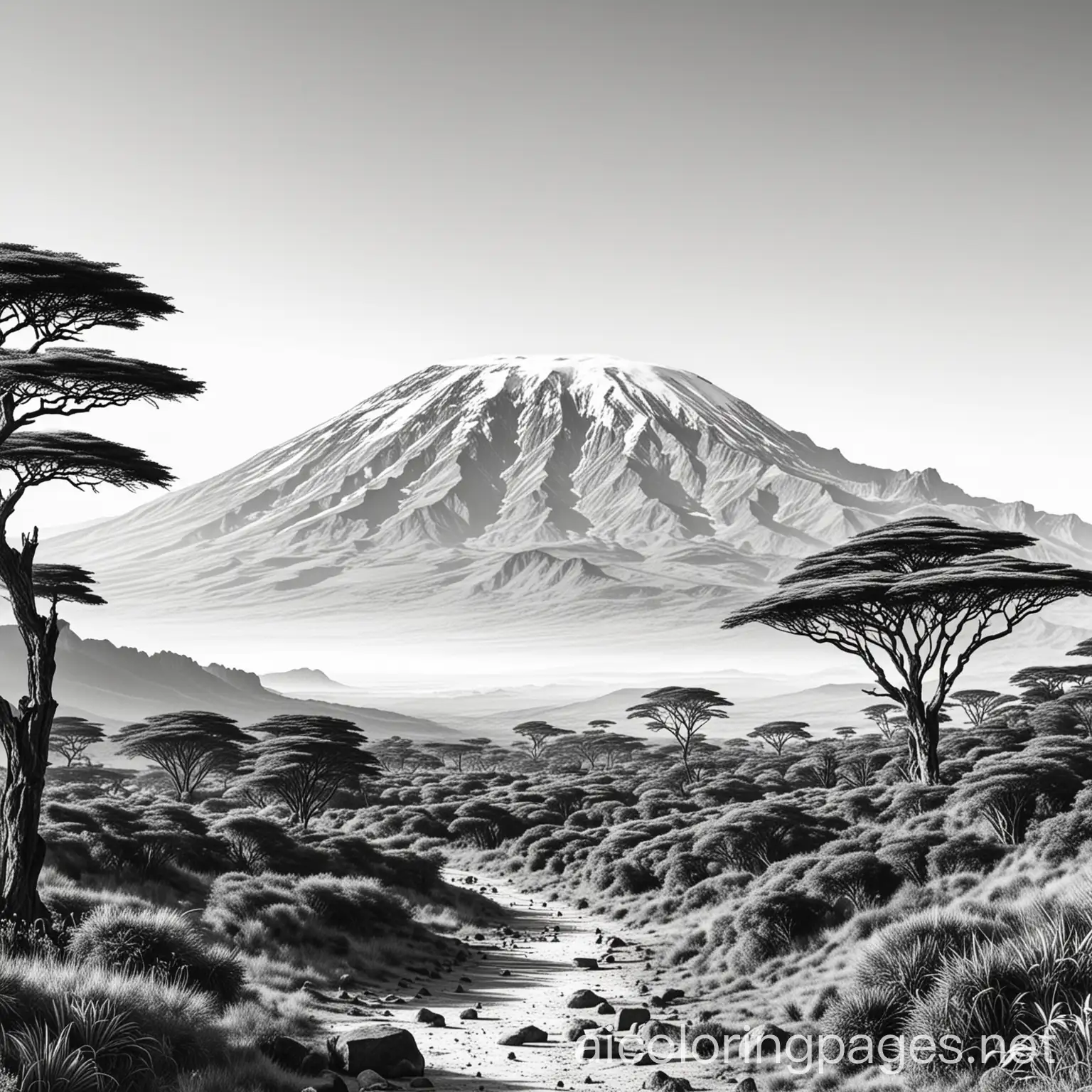 Mount Kilimanjaro, Tanzania, Coloring Page, black and white, line art, white background, Simplicity, Ample White Space. The background of the coloring page is plain white to make it easy for young children to color within the lines. The outlines of all the subjects are easy to distinguish, making it simple for kids to color without too much difficulty