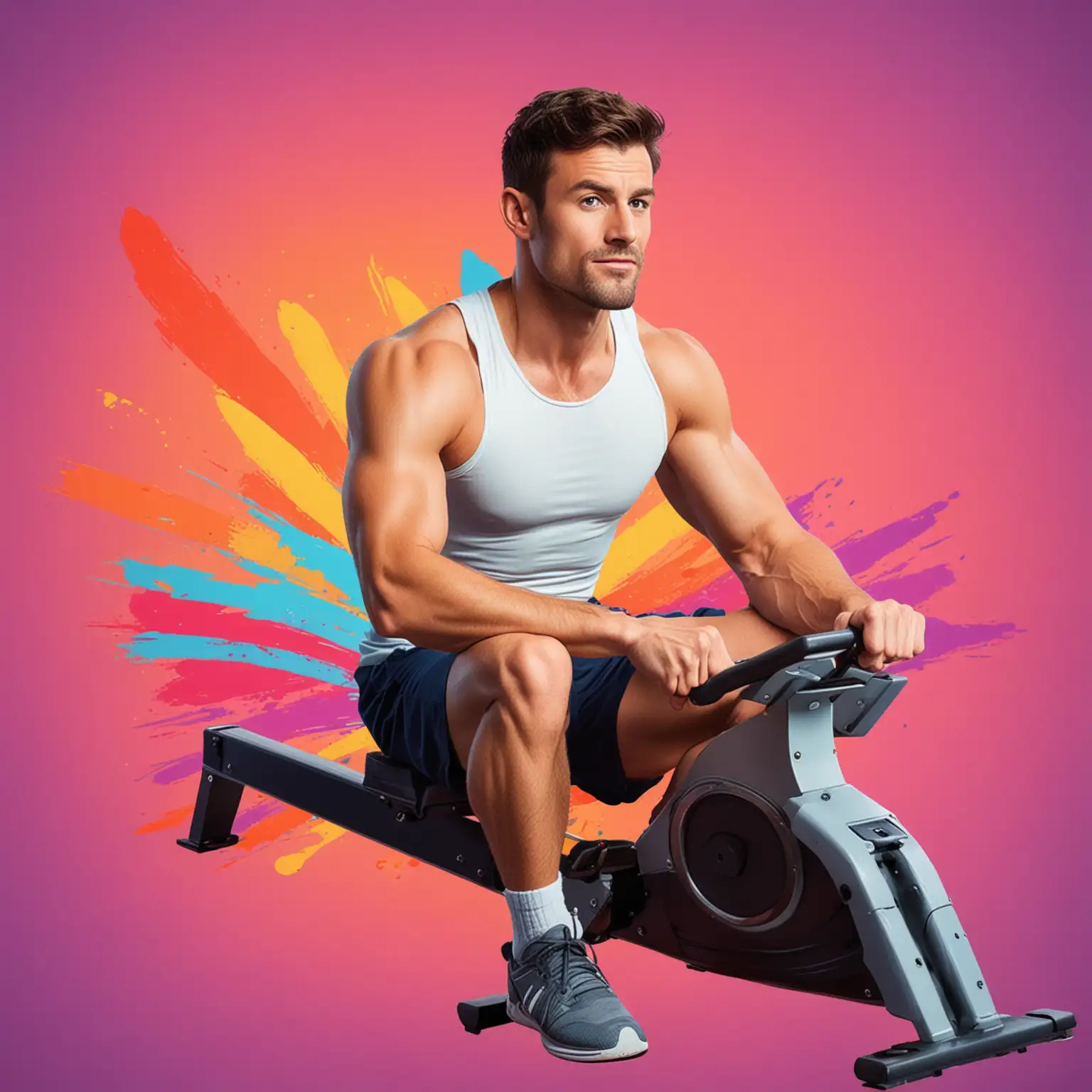 cartoon man on rowing machine,, colourful background