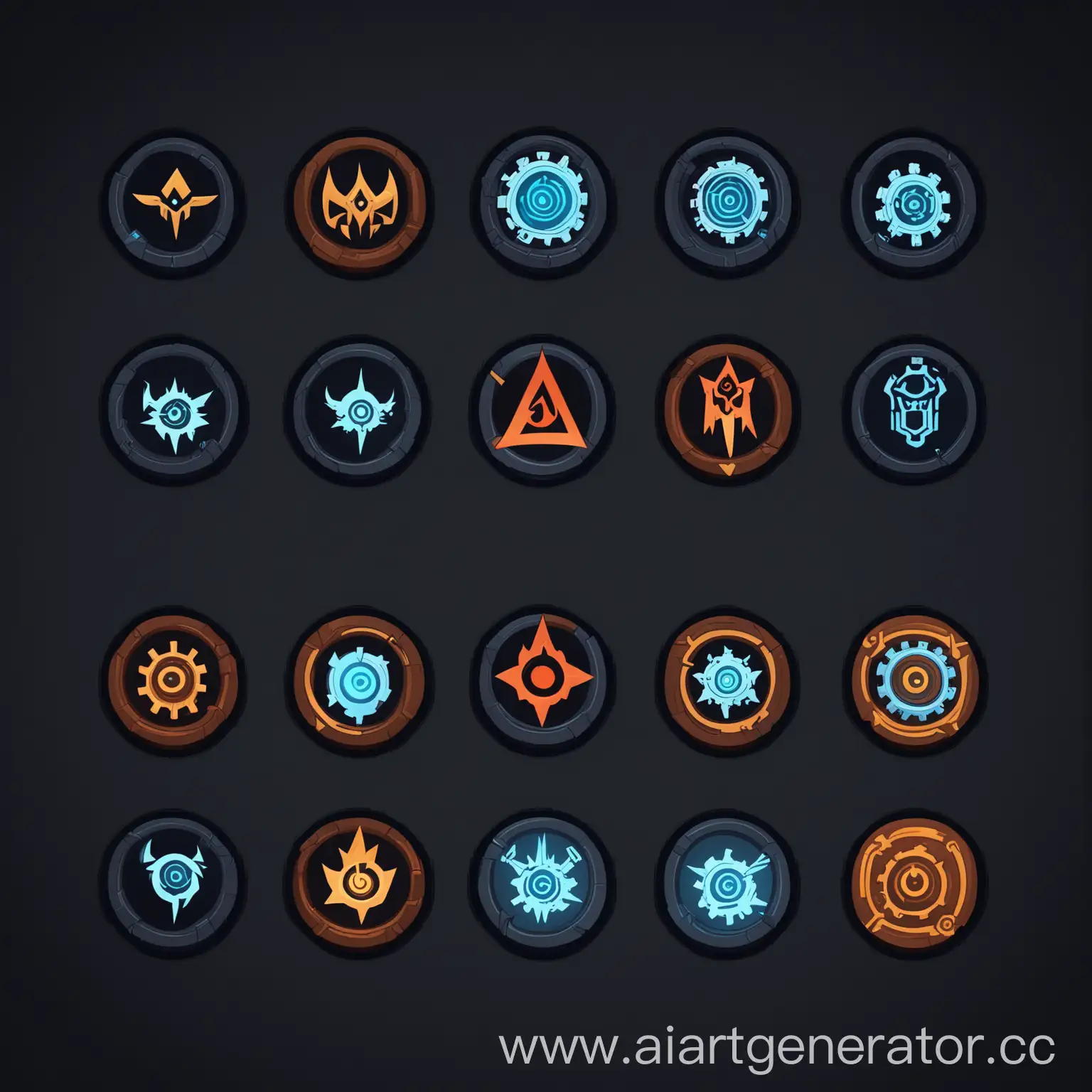 (icon of bots management), (minimalism), (aesthetic), (very smooth contures), (anime style), (dota 2 spell icon style), (settings on the gear), (six icons), (settings style)