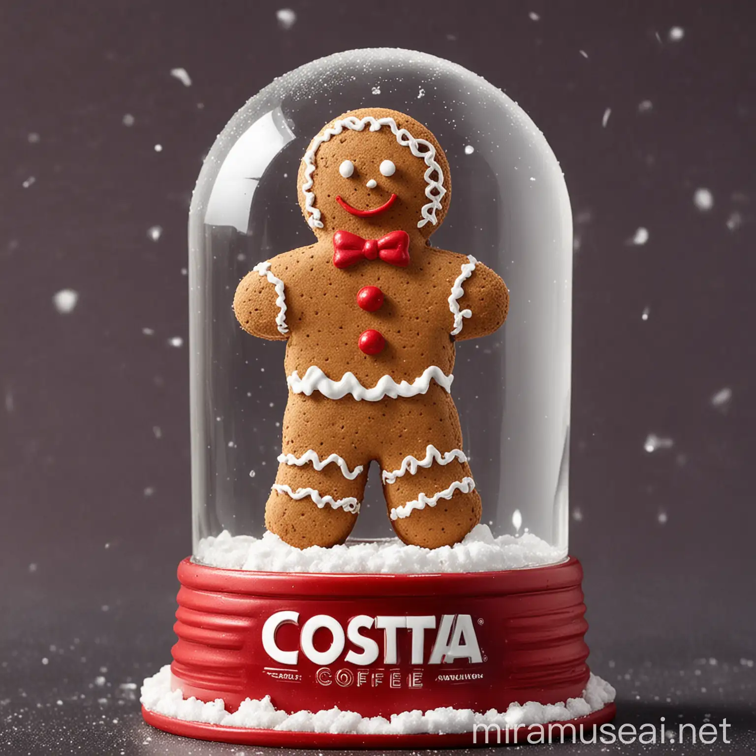 Create a Costa coffee themed gingerbread man sat on top of a snowglobe
