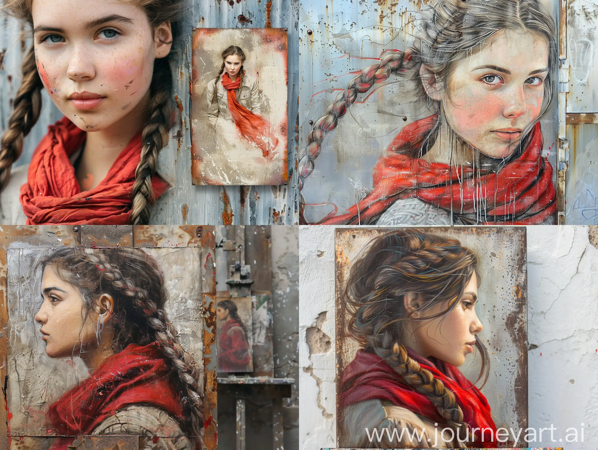 There is a picture of a girl with braided hair painting on metal and wearing a red scarf