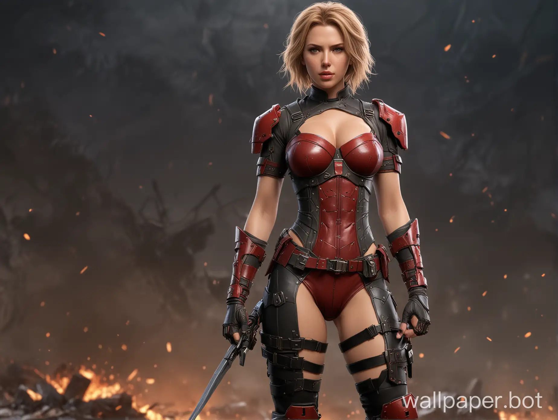 Scarlet-Johansson-Sexy-Warrior-in-Limited-Clothing-with-Warzone-Background-3D-Anime-Style