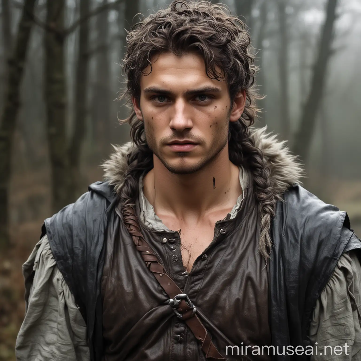 Create a character of a warrior man, in his mid twenties, with dark eye colour, scruffy hair with a braid tied in a leather strap, he is broad and strong with thicker arms, broader shoulders, angular face, he wears muddied clothes with a grey cloak, add a big white wolf next to him.
