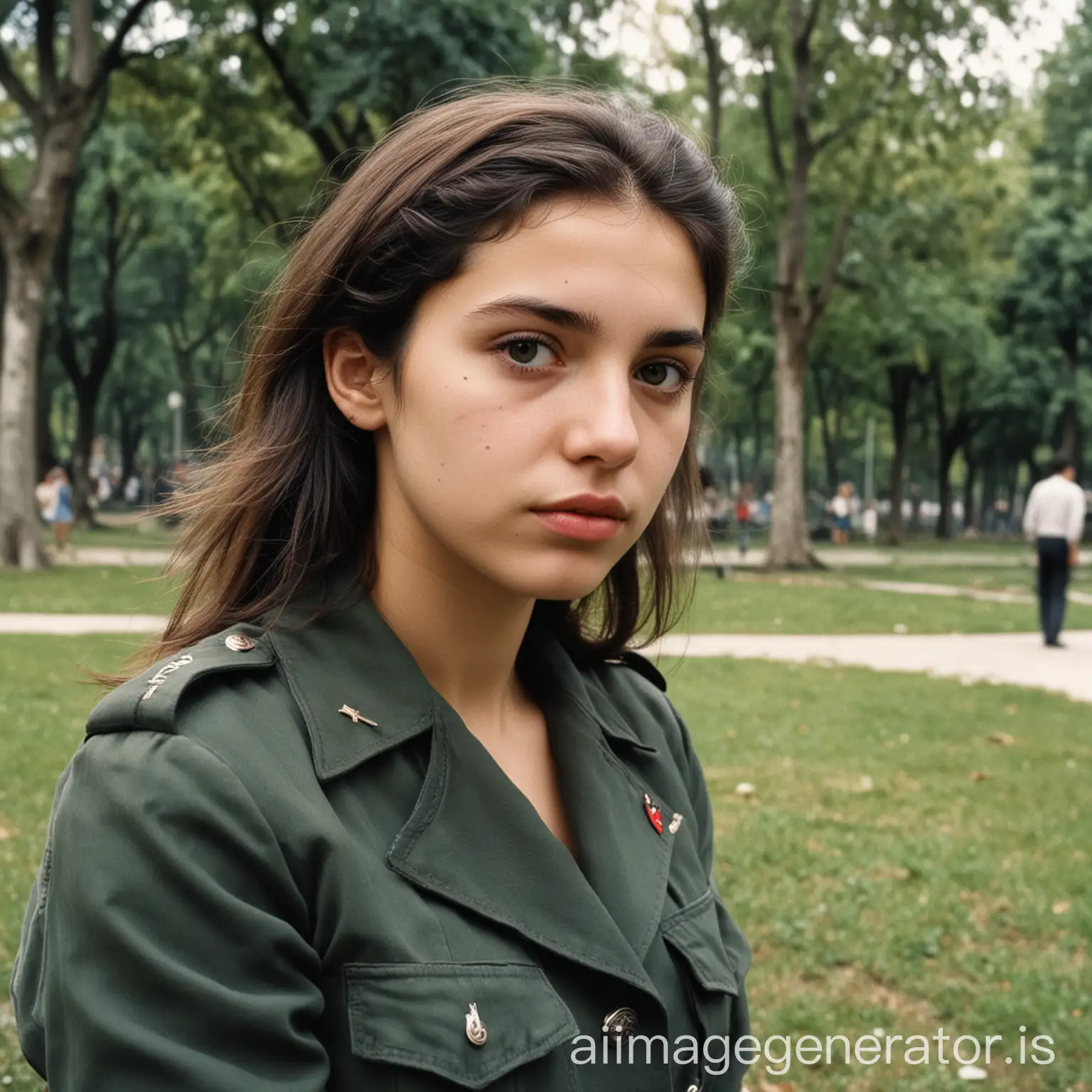 Chica de 23 años peronista, en epoca dictadura, en un parque