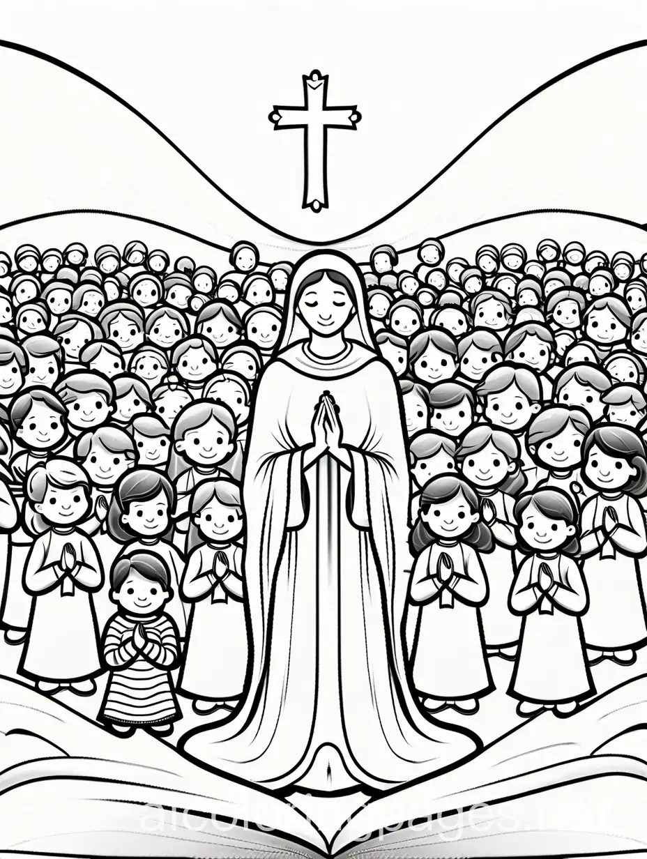 people praying with kids, Coloring Page, black and white, line art, white background, Simplicity, Ample White Space. The background of the coloring page is plain white to make it easy for young children to color within the lines. The outlines of all the subjects are easy to distinguish, making it simple for kids to color without too much difficulty