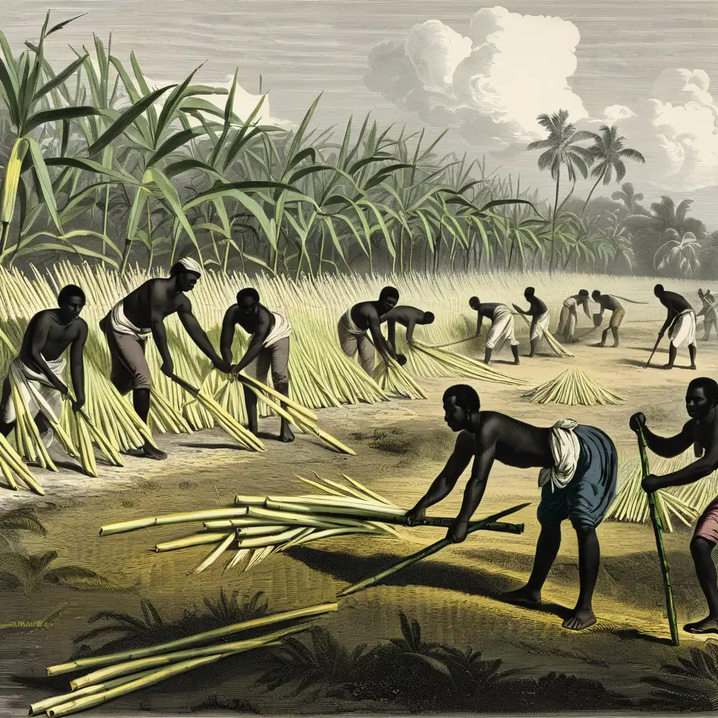 esclaves noirs  coupant la canne à sucre. Gravure en noir et blanc. 1850