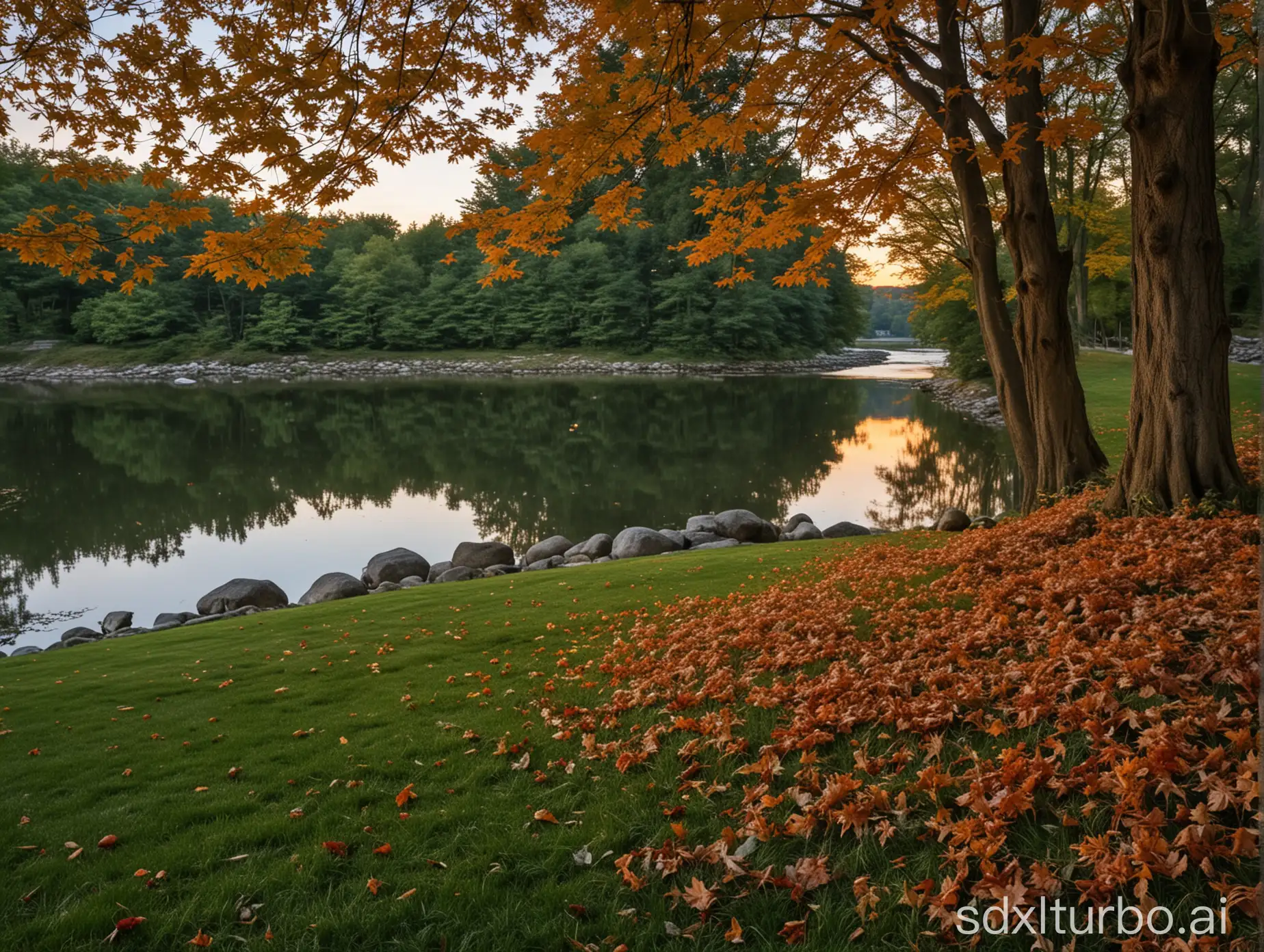 Tranquil-Dusk-by-the-River-with-Maple-Leaves