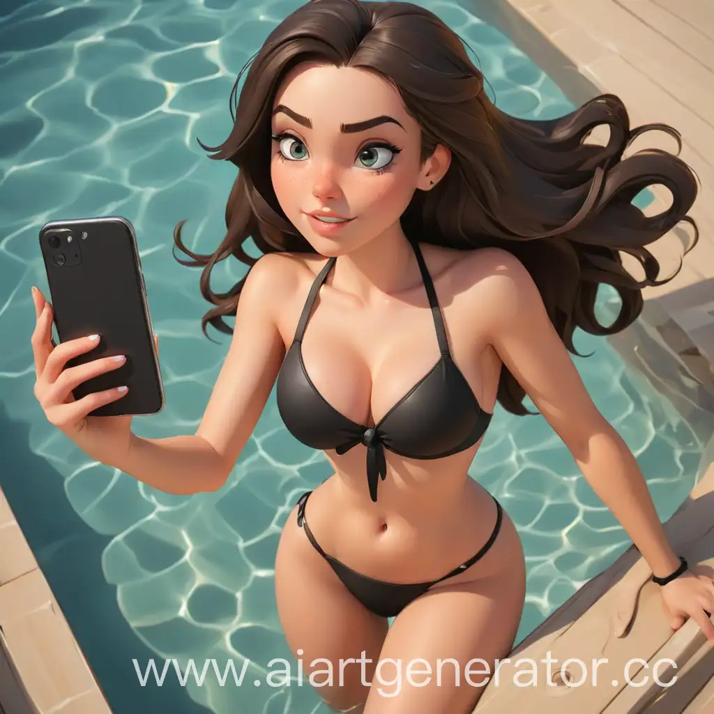 Cartoon-Woman-in-Black-Bikini-Taking-Selfie-from-Above-on-Smartphone