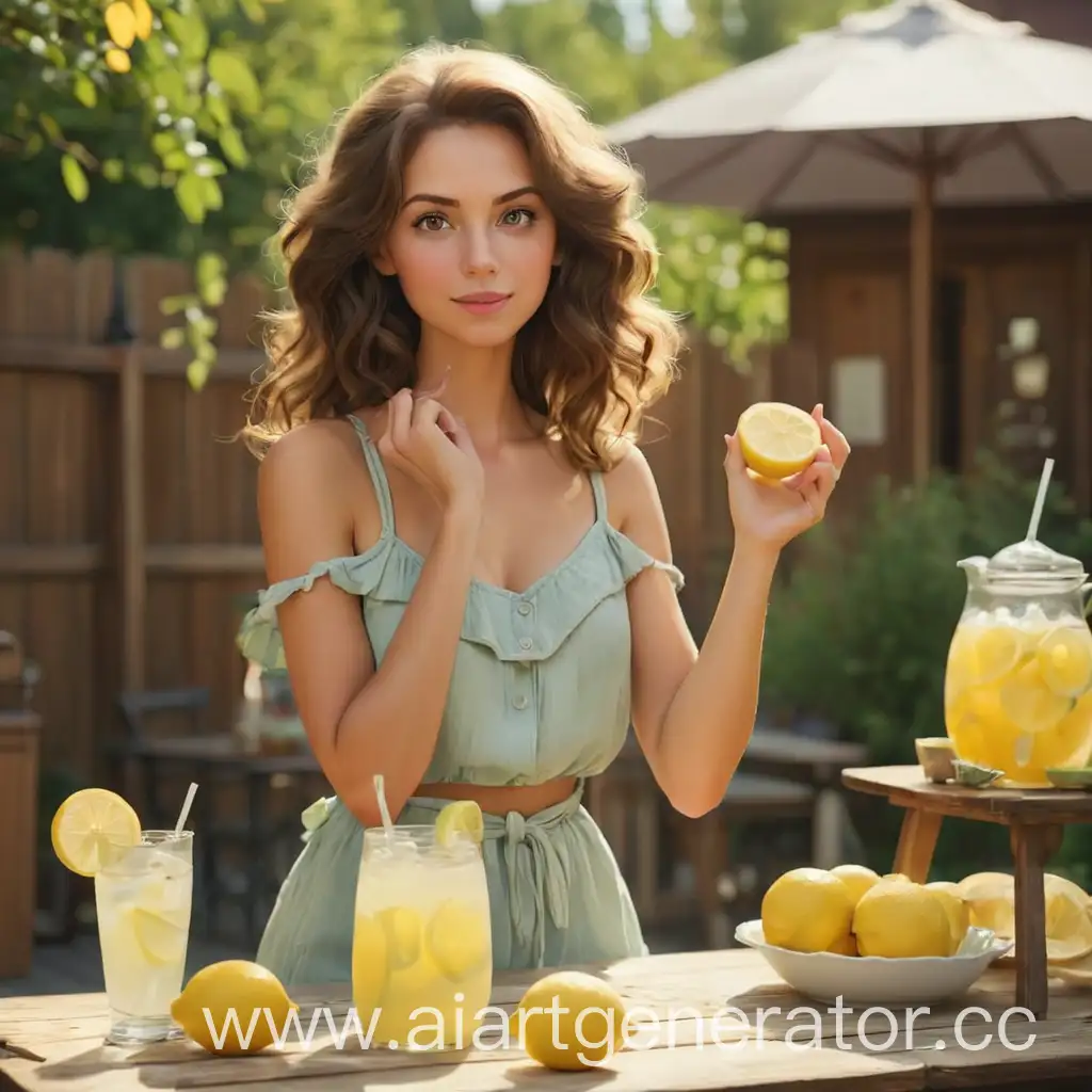 красивая женщина стоит летом за столом с лимонадом