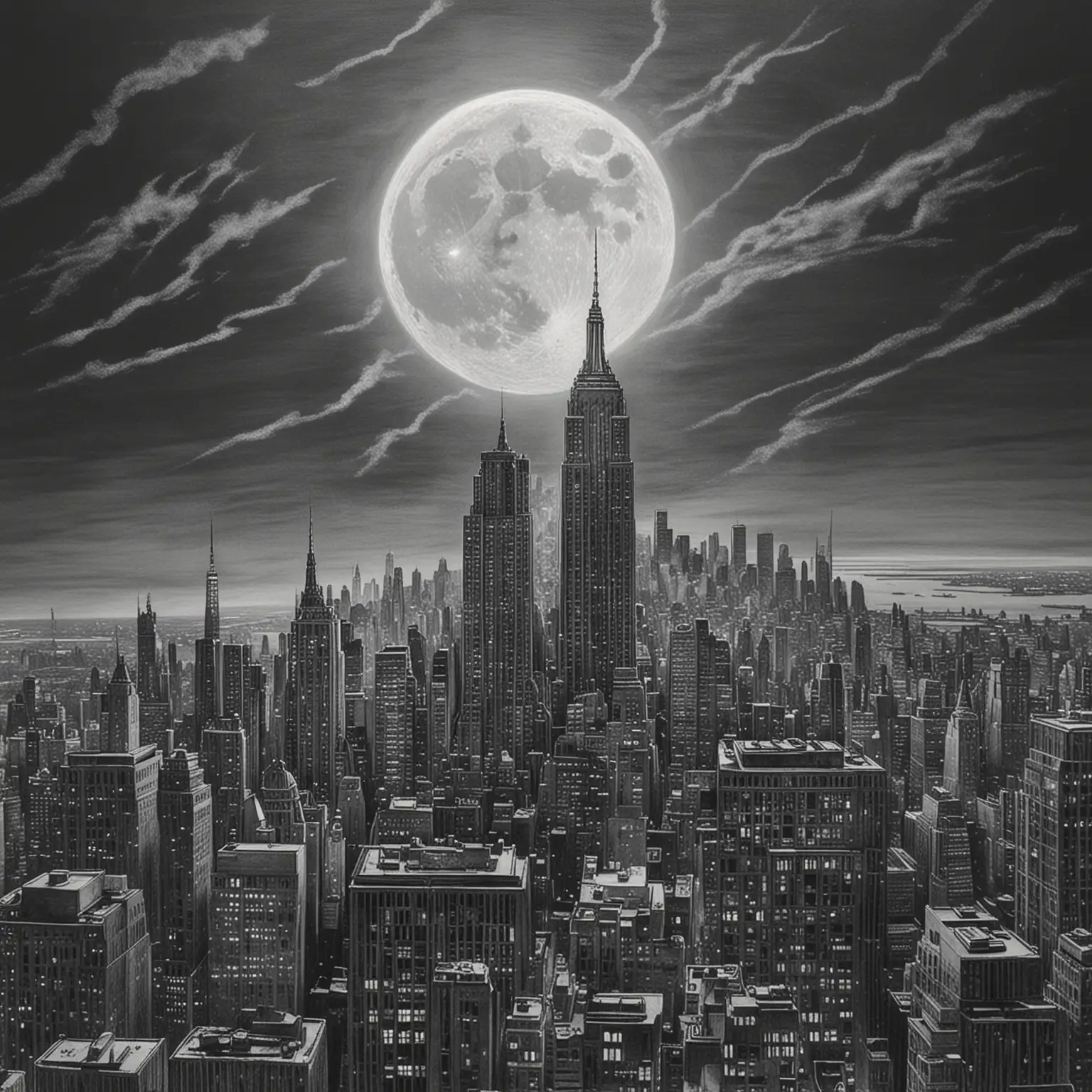 detailed charcoal drawing of new york skyline - large moon in the background, sky grey with light blue streaks