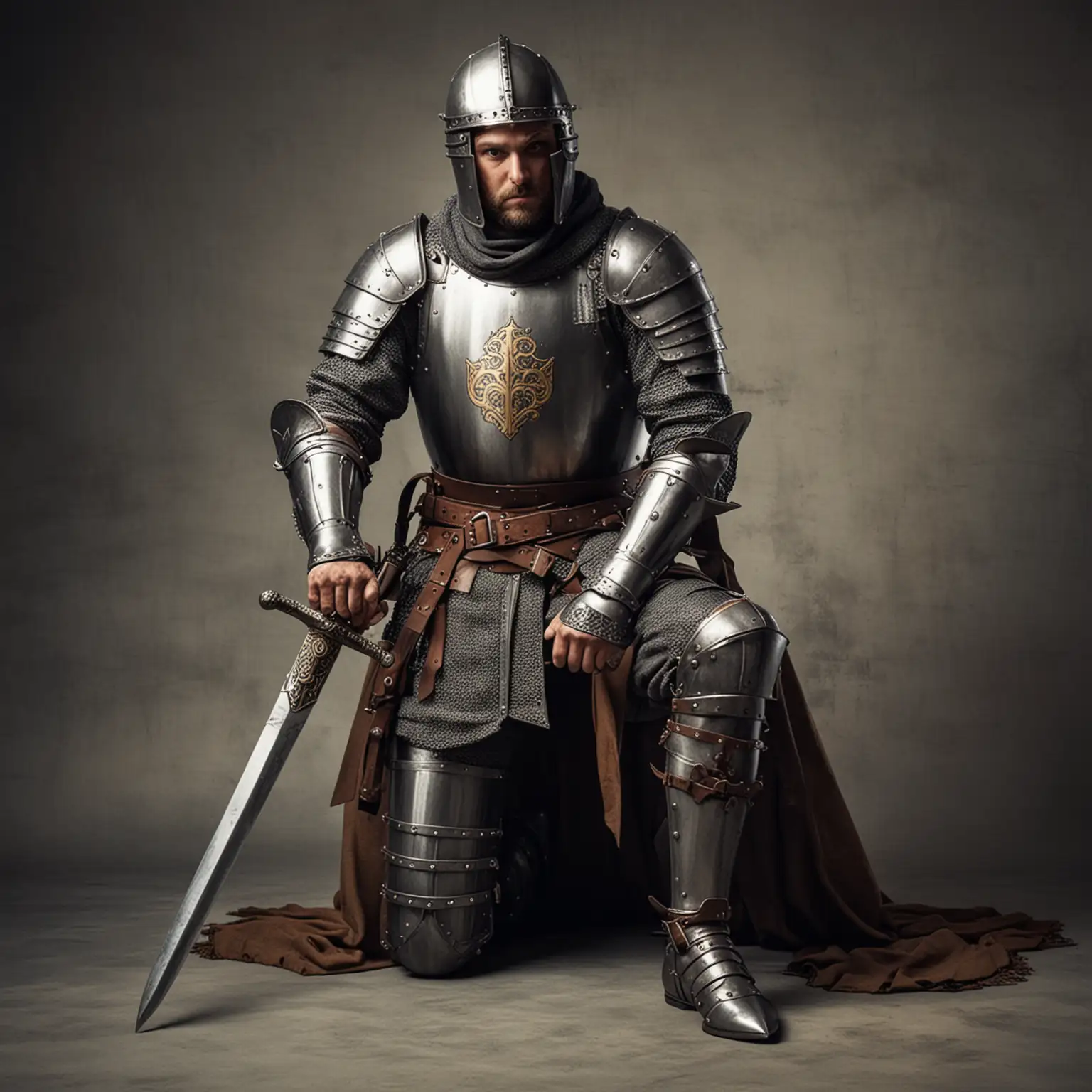 średniowieczny rycerz, klęczący, trzyma obie ręce na dużym mieczu