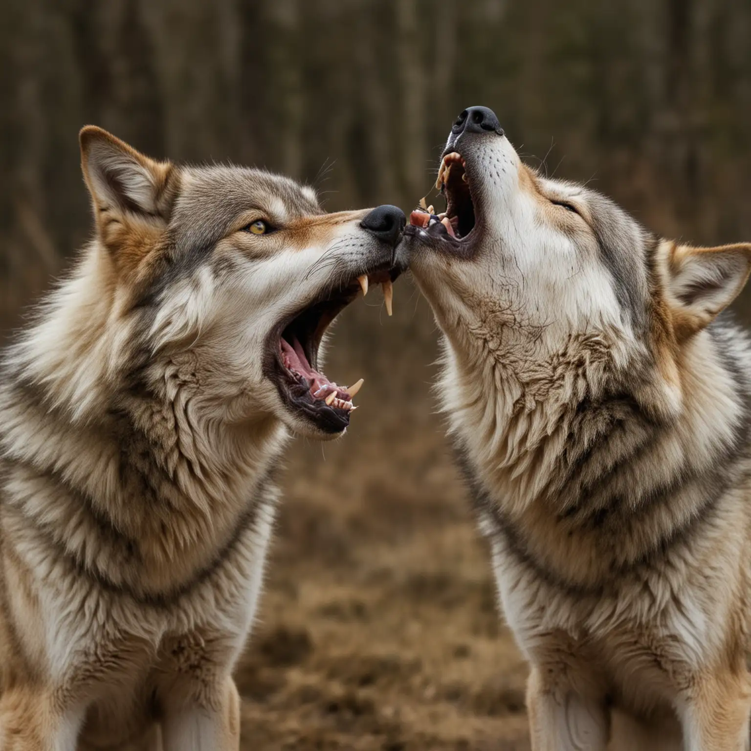 Two wolves, side by side, with their mouths open