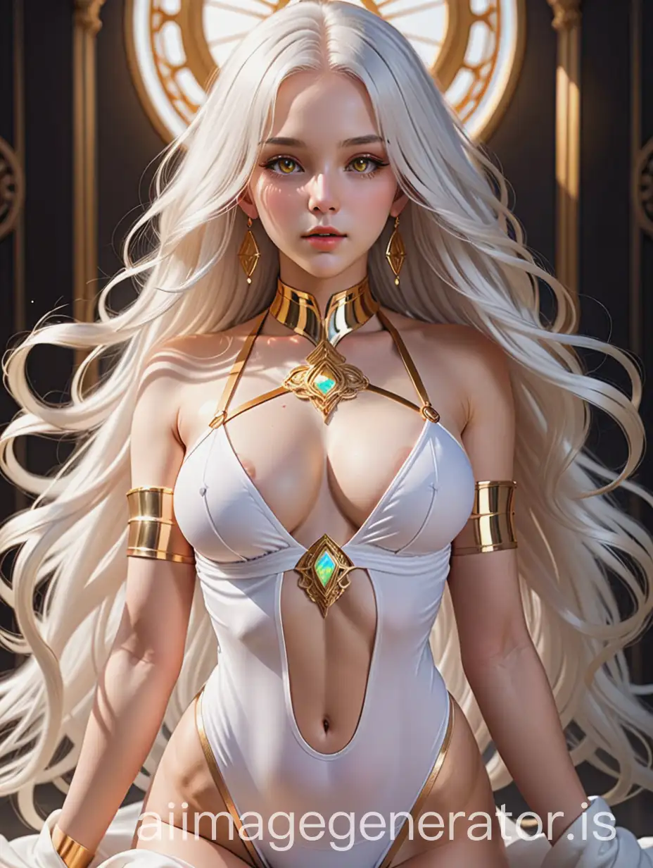 Young goddess with white skimpy elegant clothing, long white hair, and golden eyes