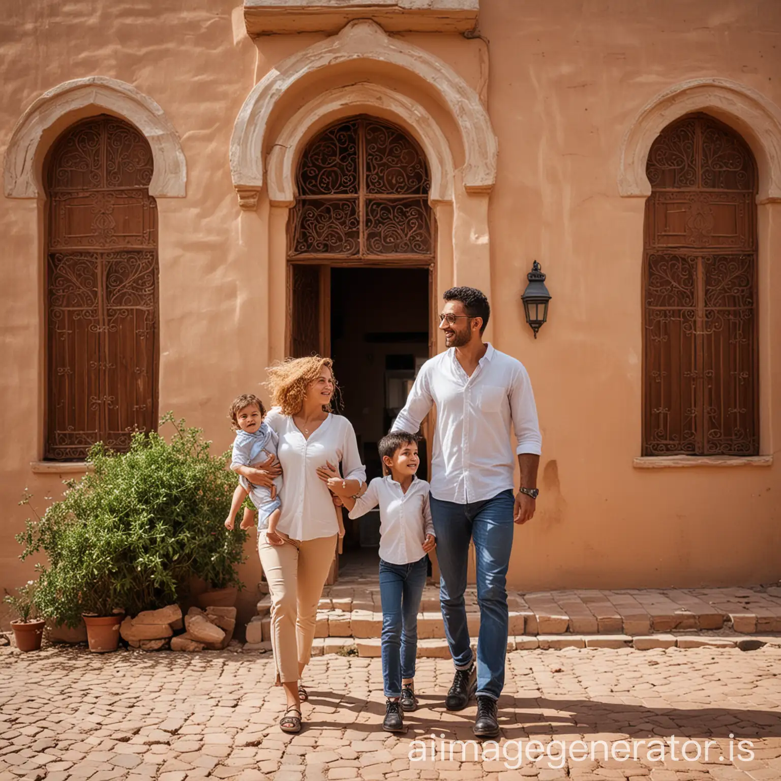 A father, mother, and their two children are protecting the family home by subscribing to real estate insurance in Morocco.