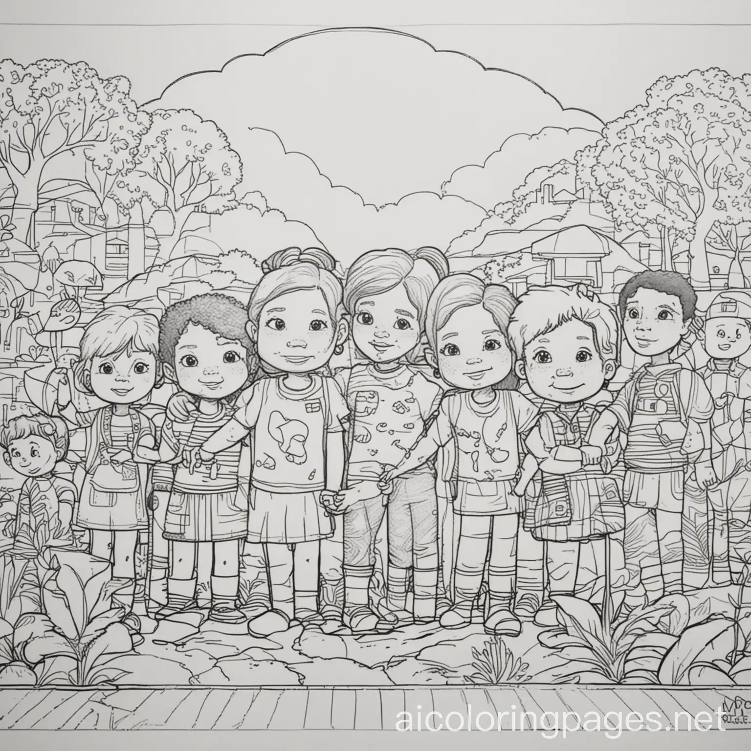 Advancing Equity and Diversity in Early Childhood Education poster, Coloring Page, black and white, line art, white background, Simplicity, Ample White Space. The background of the coloring page is plain white to make it easy for young children to color within the lines. The outlines of all the subjects are easy to distinguish, making it simple for kids to color without too much difficulty