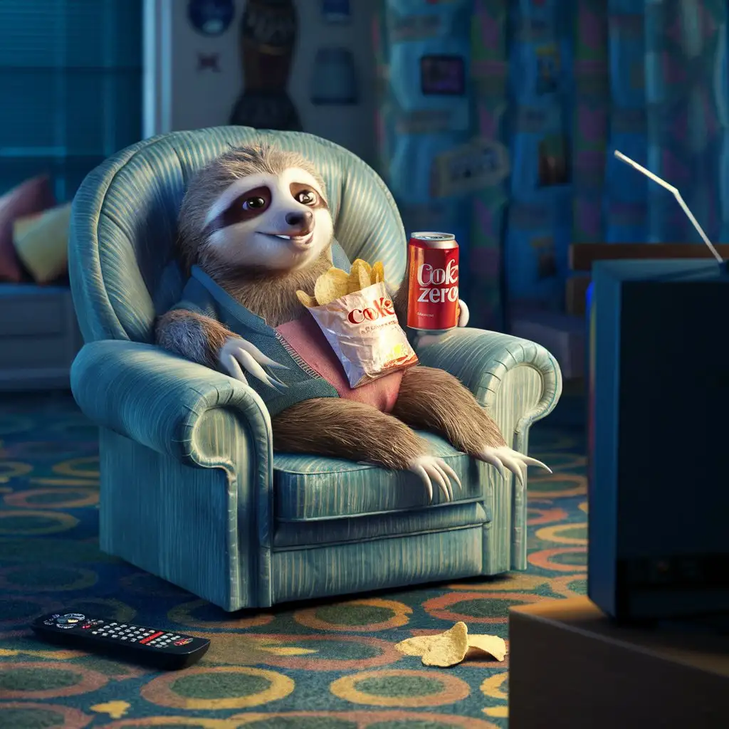 Sloth-Cartoon-Character-Relaxing-with-Chips-and-Coke-Zero-in-Retro-Living-Room