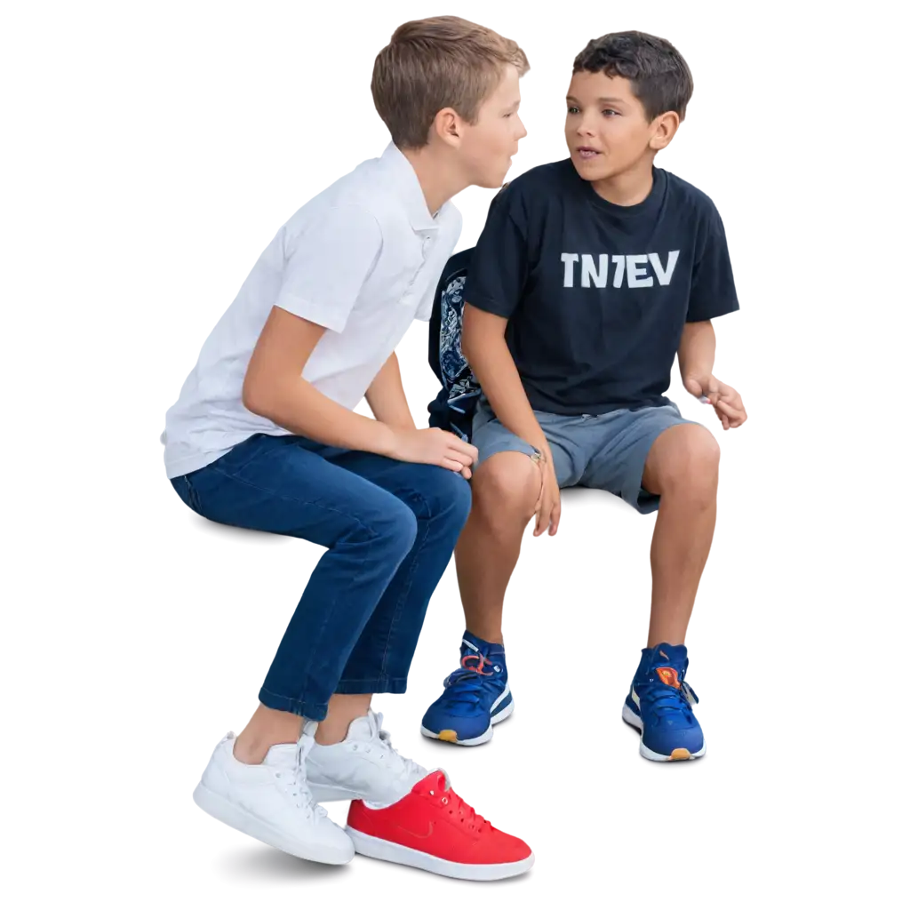 two kids talk while sit down
