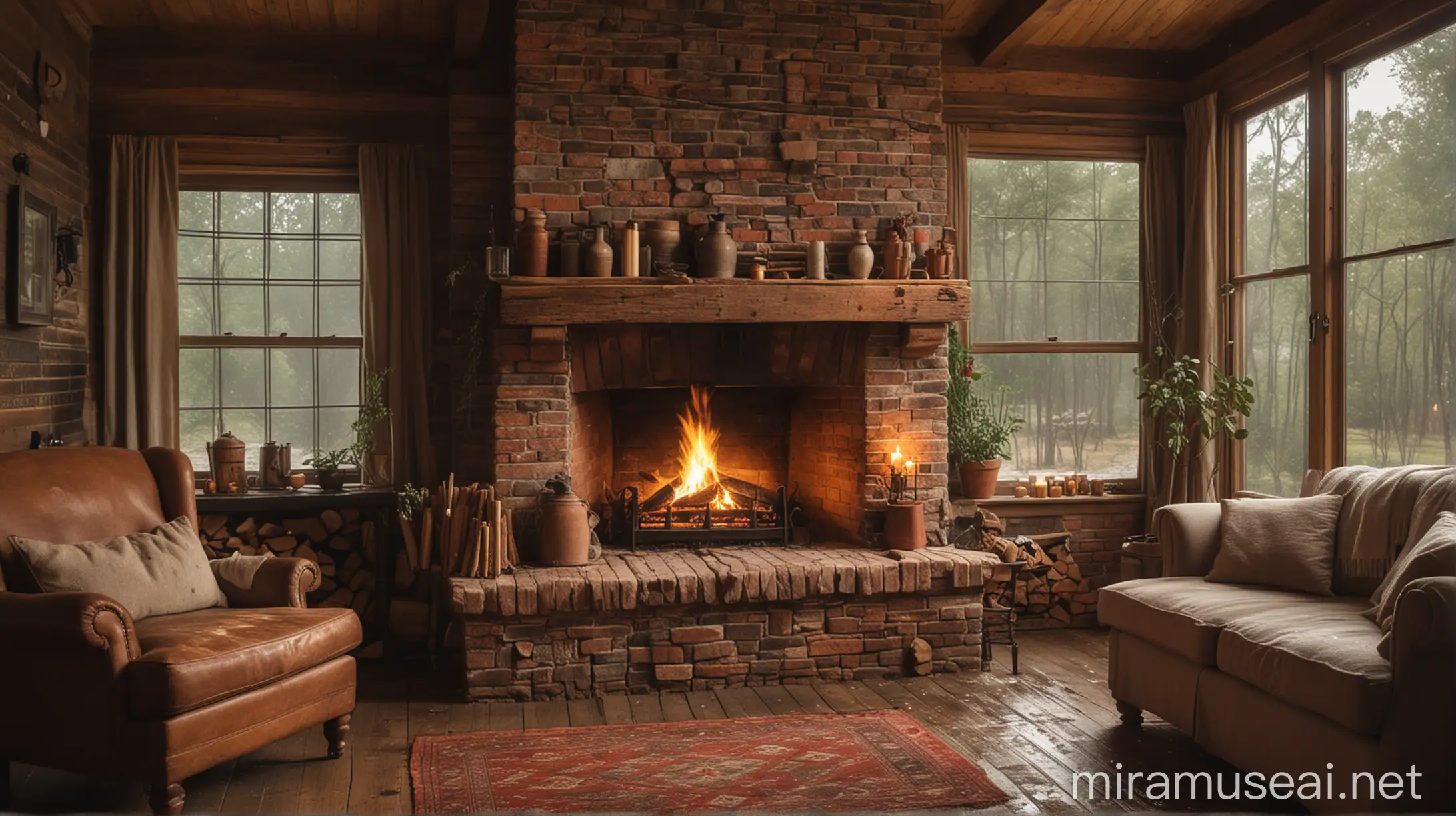 cozy cabin ambience, a brick fireplace burning wood with simple home furnishings and windows showing raindrops in the village