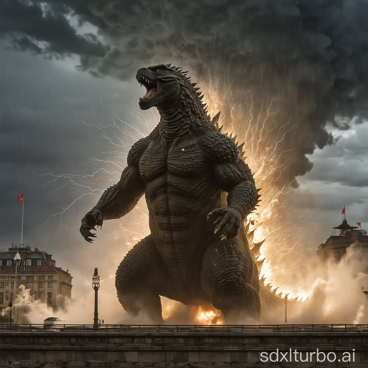 Godzilla rages in Berlin during a storm.