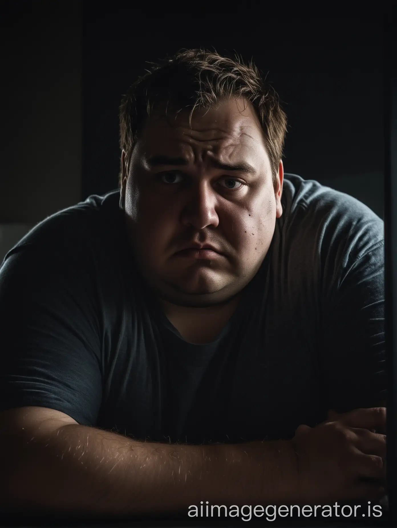 A fat man sitting in front of a computer screen. The room is dark. The screen illuminates the face of the man. The man looks sad, desperate and lonely. The picture shows his face up close.
