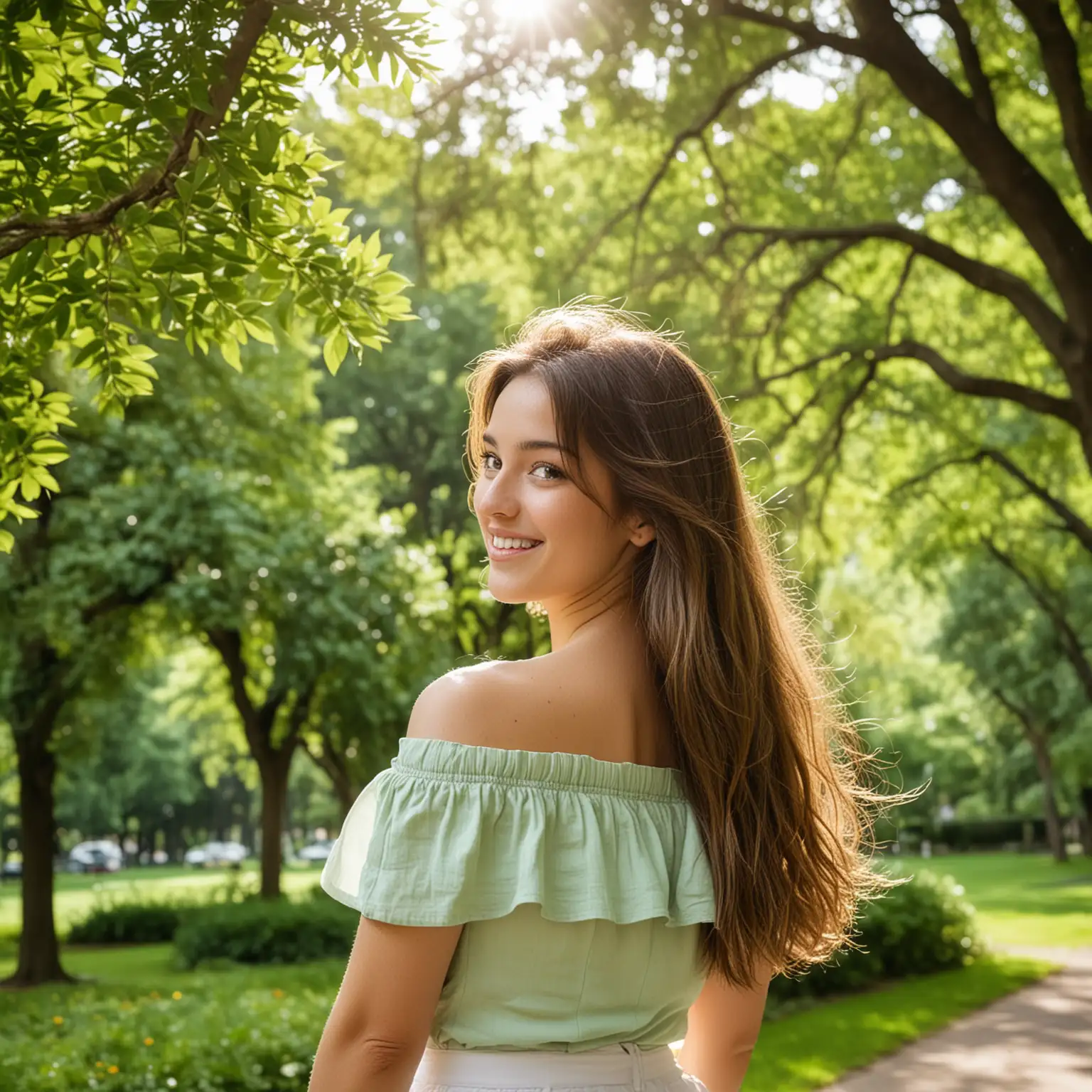 Serene-Young-Woman-in-Green-Top-and-White-Skirt-Standing-in-Sunny-Park