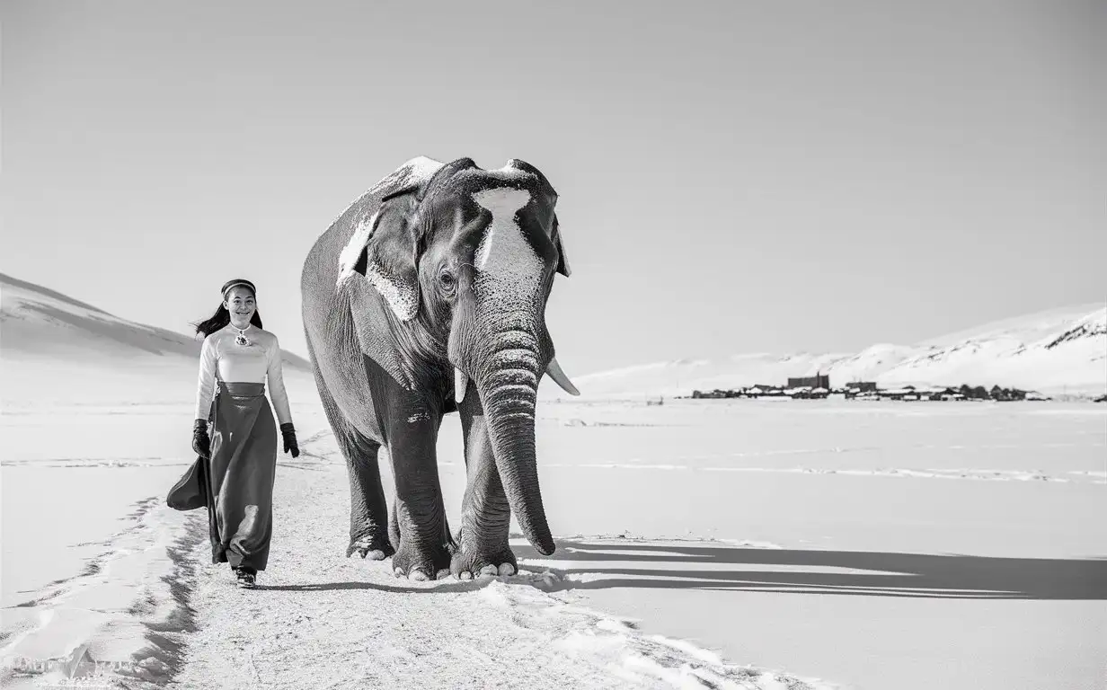 a minimalist black and white photography of a white world with a Vietnamese woman and an elephant walking together. Far away. Black and white photography with many negative spaces. White and pure feeling. 8K quality. Awarded photography