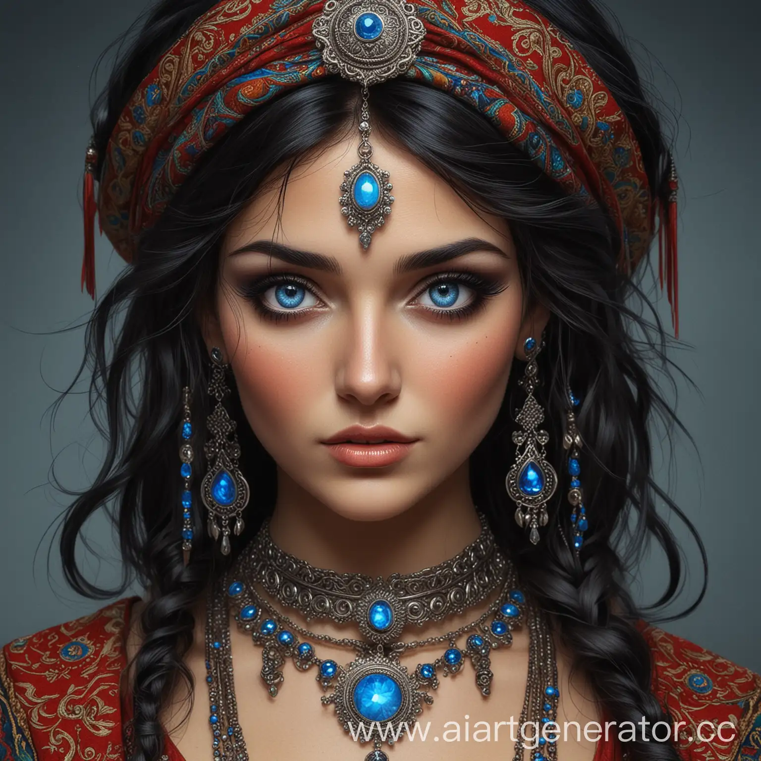 Russian-Gypsy-Comic-Style-Portrait-with-Blue-Eyes-and-Dark-Hair