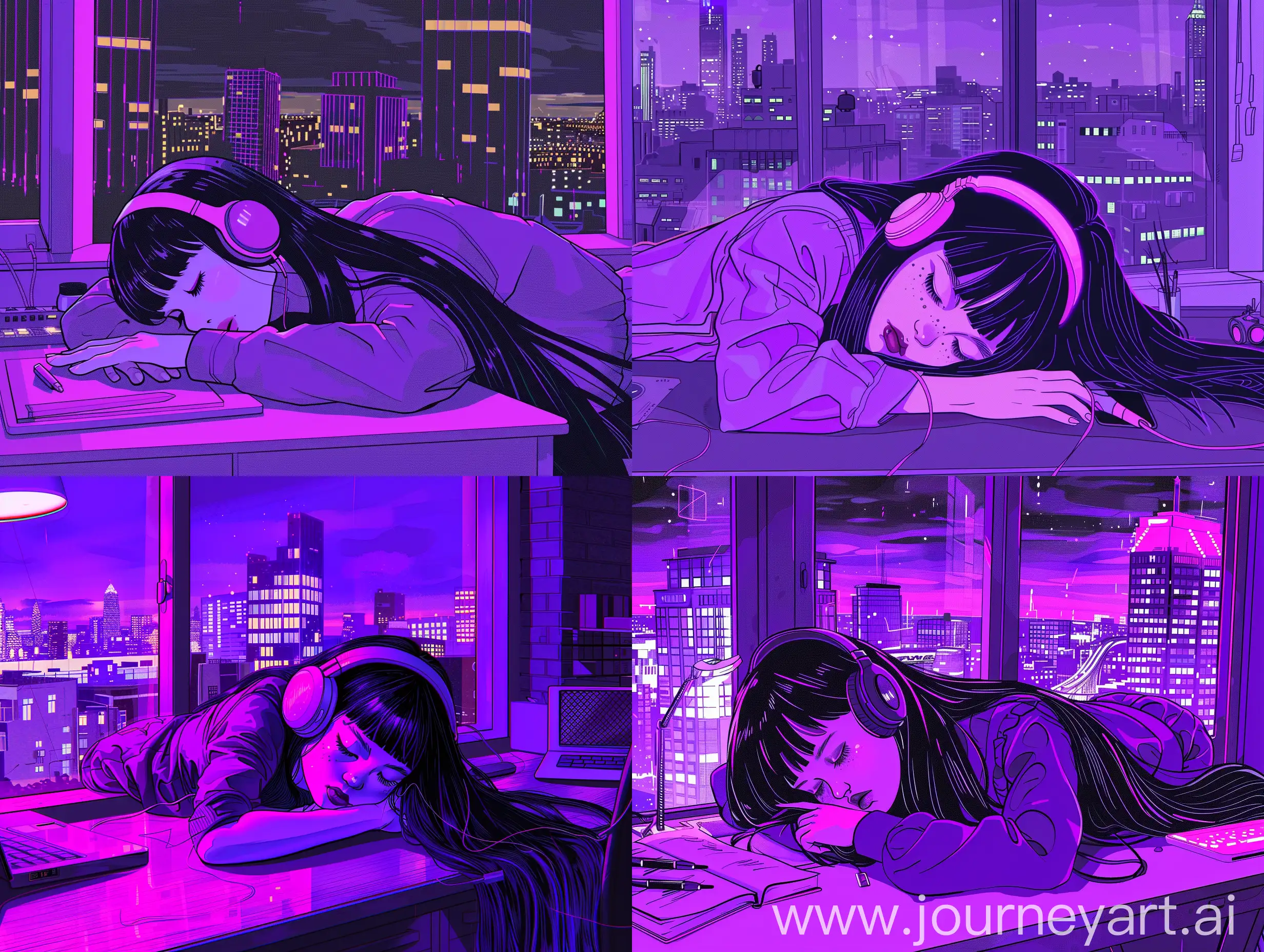 Purple neon-colored illustration video with a Lofi Art anime. A girl is sleeping on her stomach at a desk with her headphones on, listening to music. The girl has long black hair with bangs. Outside the window, you can clearly see the city night view and high buildings. It’s going to give off a city pop vibe.