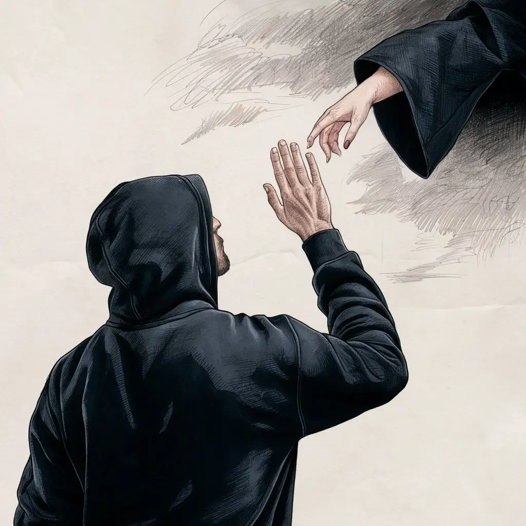 Man in Black Jumpsuit Reaches for Heavenly Hand Illustrated Sketch