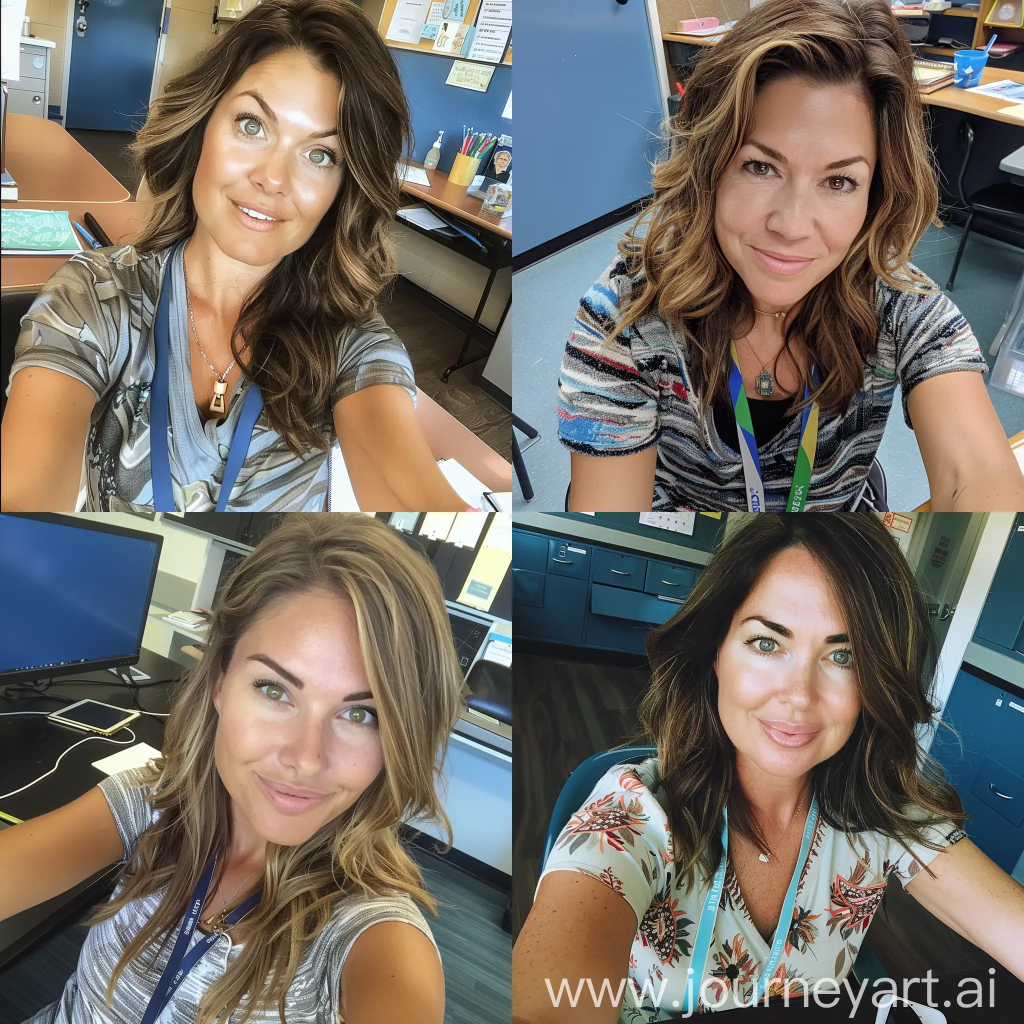 Elementary-School-Teacher-Taking-Selfie-at-Desk-with-Casual-Attire-and-Lanyard