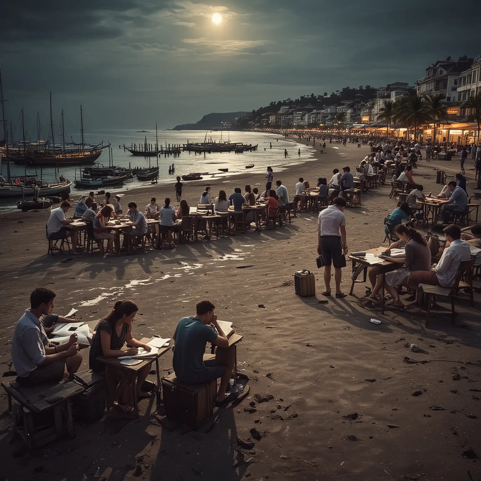 traveling teachers, seaside city, tired, hard-working, overtime, many people, high resolution, rich details, dark color tone