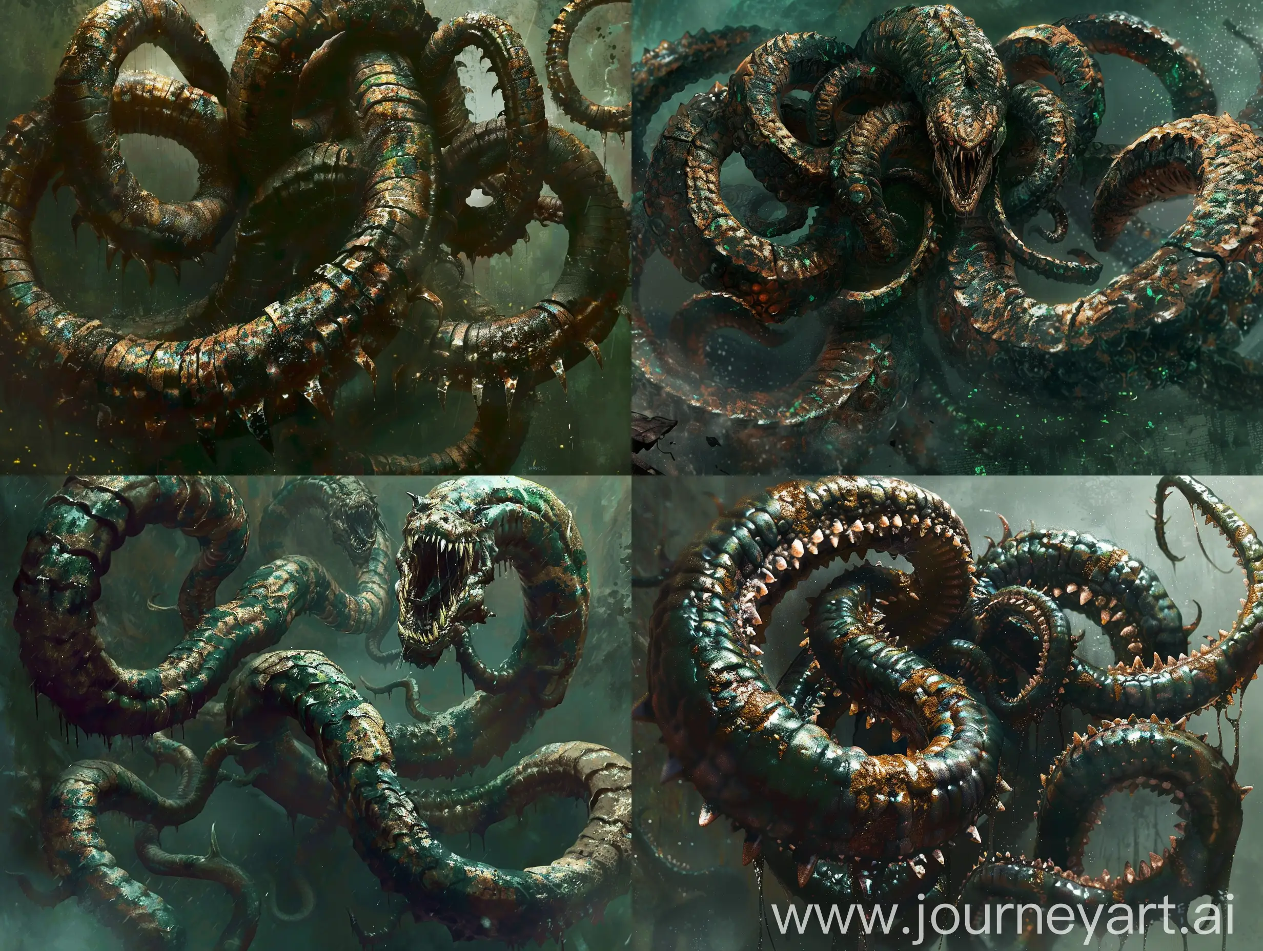 A scene of a Hydra - a colossal mass of flesh, muscle, and grotesquely twisted scales into countless spirals and rings. Each ring of the endless serpentine trunk measures several meters in diameter, rising in overlapping layers of rough, pointed scales. The scales vary in shades of deep green, rusted bronze, and ebony black, forming a demonic pattern of stripes and blotches that shimmer oilily.

Through the interstices of the scales, scarred tissue and dense musculature can be glimpsed, evidence of the creature’s supernatural resilience. Prominent ribs jut under the scaly skin, akin to bones from some ancient crypt. The body ends in a tail of colossal proportions, with a bifurcated tip forming two recurved caudal points covered with sharp bony spikes.

Multiple four heads rise on flexible necks covered with smaller scales. Each head is a terrifying sight, with long jaws resembling pitchforks filled with razor-sharp fangs dripping with bubbling venomous saliva.
