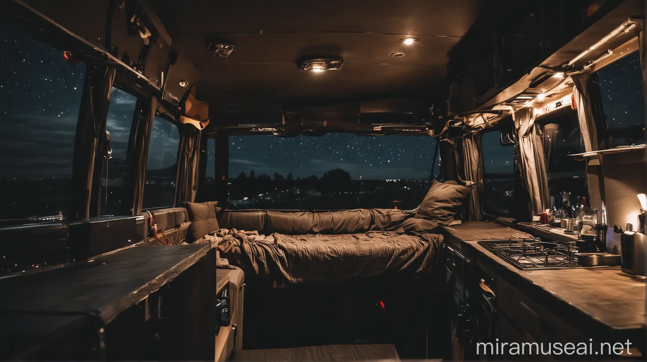 Interior mobil gelap campervan di malam hari