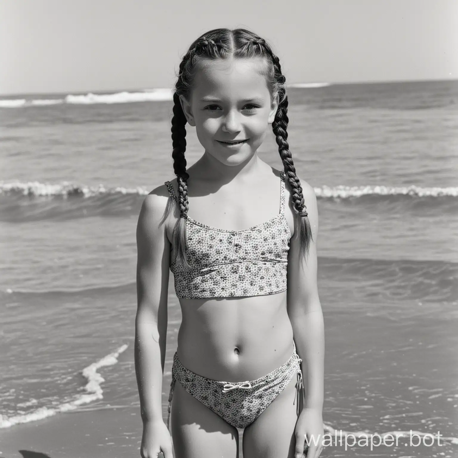 Ten-year-old in bathing suit with braids at the beach