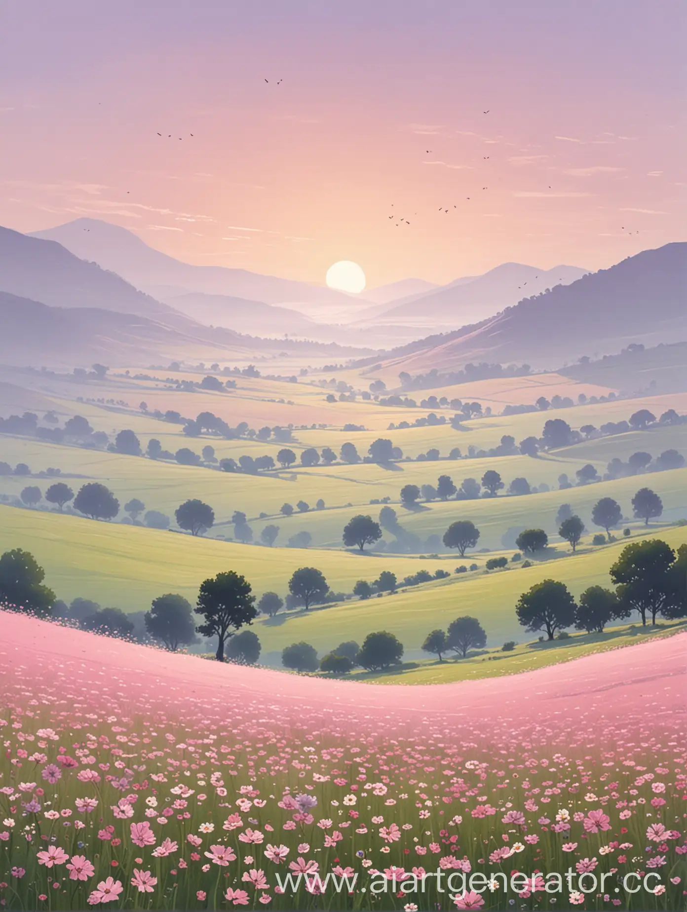 Minimalistic-Landscape-Field-with-Distant-Floral-Hills