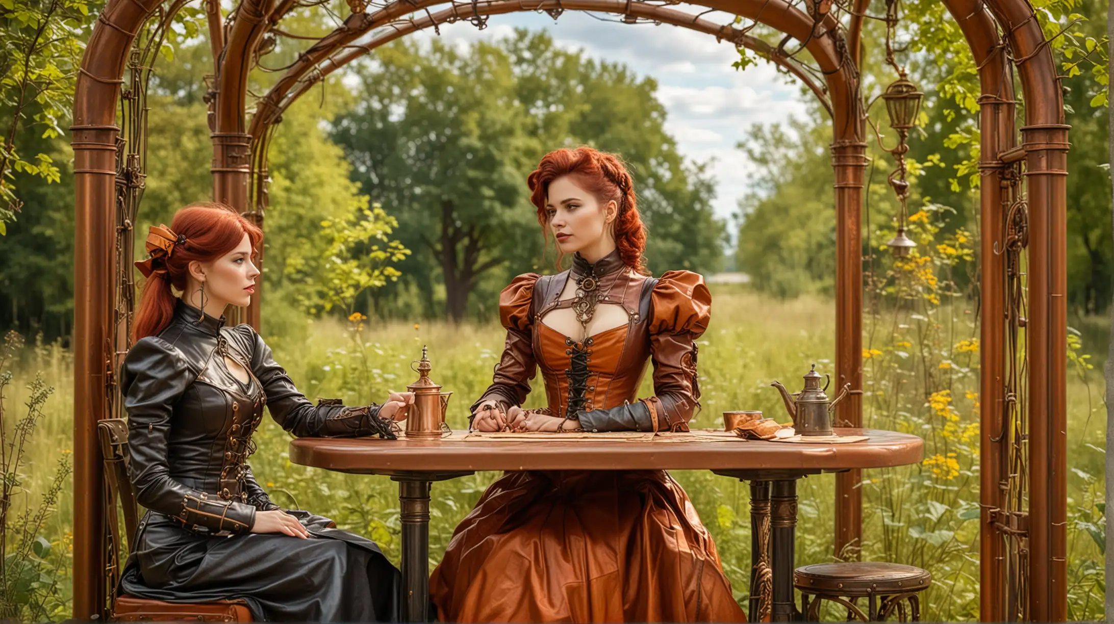 exactly two steampunk women in elegant leather colorful dresses sit at a table in a steampunk arbour made of copper and brass in a wild park, sunny, distant view