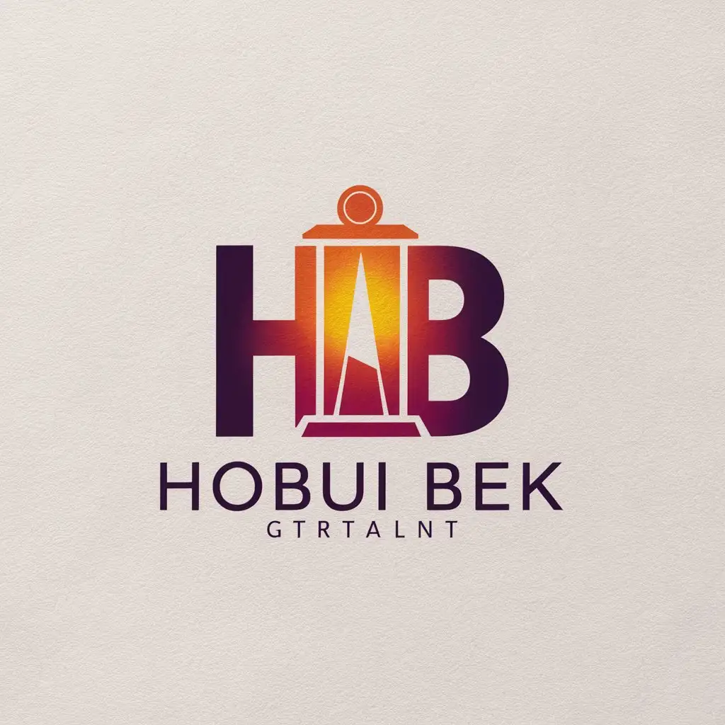 a logo design,with the text "Hobui Bek", main symbol:minimalistic logo, interesting logo. The fusion of the capital letters 'H' and 'B' stylized as a lantern with a beam of light. Orange-yellow gradient + dark purple. On a white background,Minimalistic,be used in Retail industry,clear background