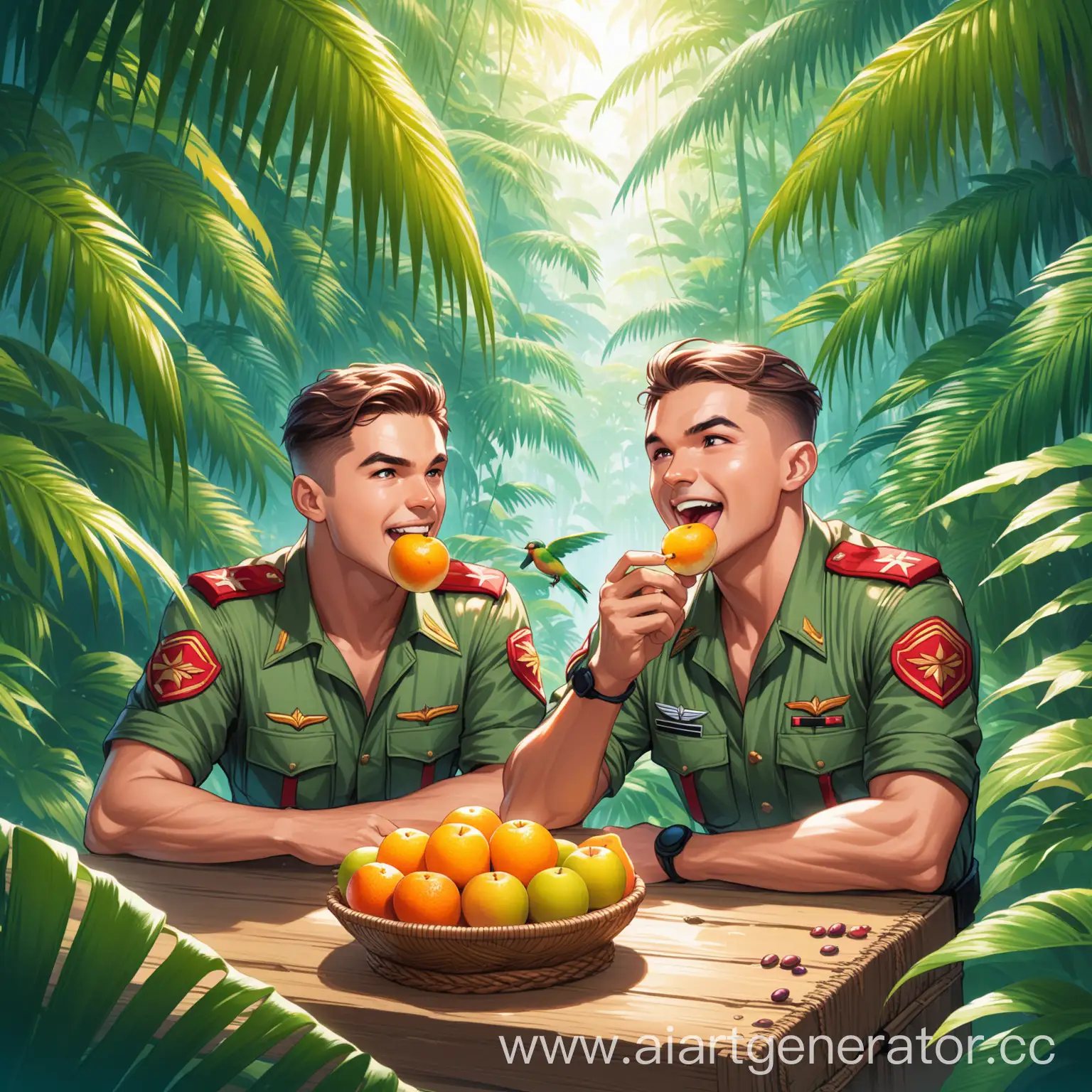 два пилота кушают фрукты в джунглях