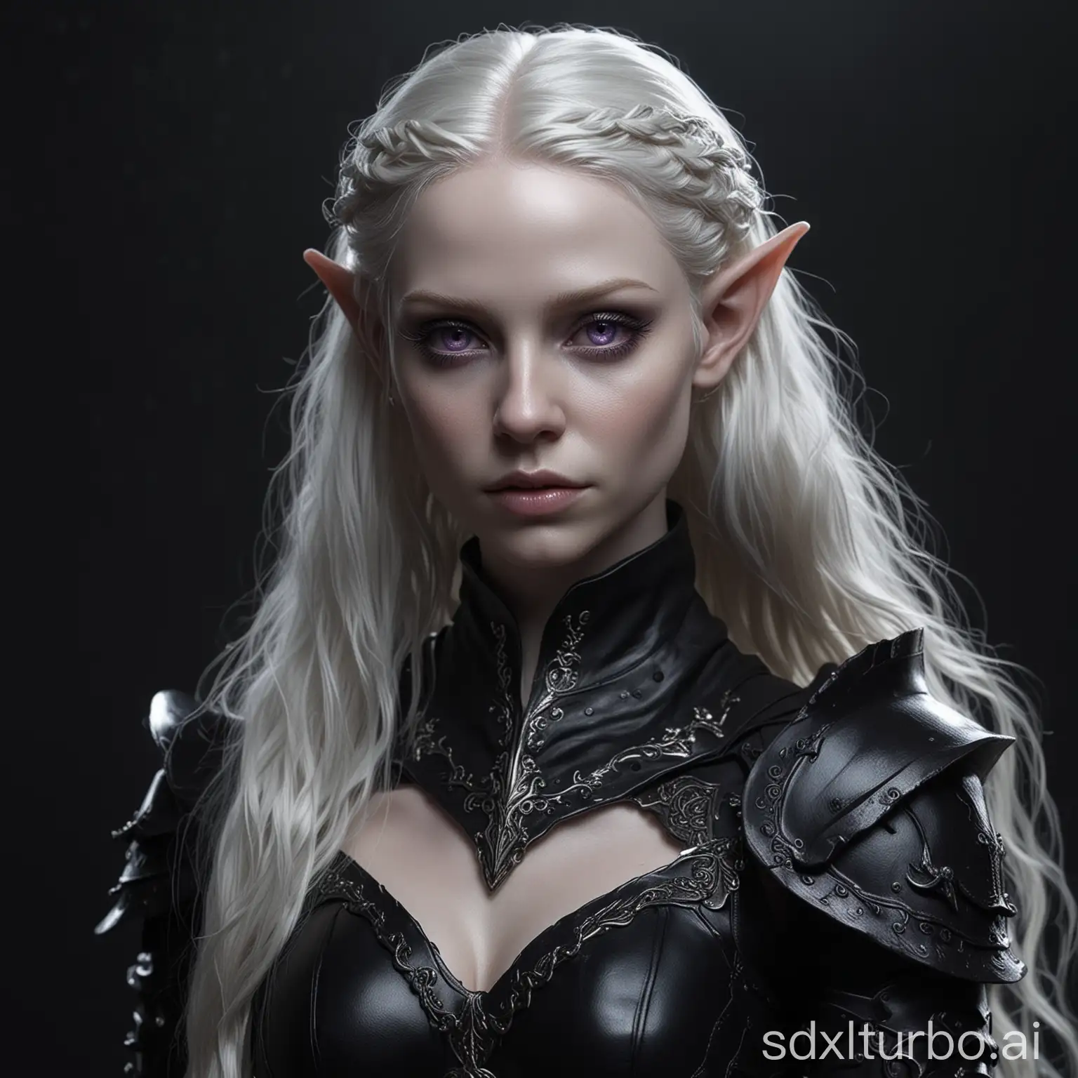 A 40 year old white icy pale albino skinned female elf with white waveless long hair and purple eyes in dark ambient lighting, she wears a night black leather armor, she has a dark self-confident eternal sly cold charisma