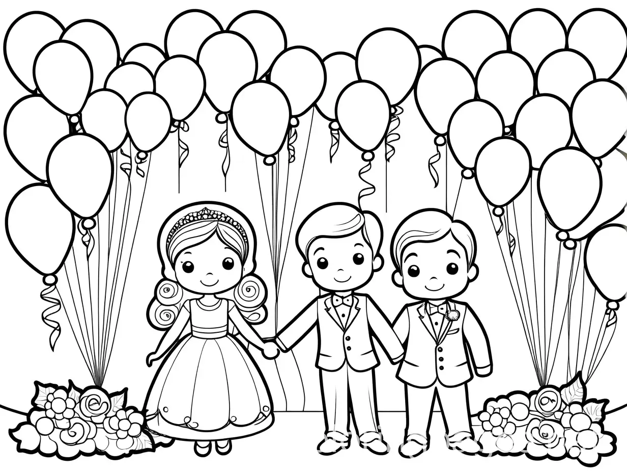 childs on a wedding releaseing balloons. The ballons are labeled with "Chrissy & Patrik"., Coloring Page, black and white, line art, white background, Simplicity, Ample White Space. The background of the coloring page is plain white to make it easy for young children to color within the lines. The outlines of all the subjects are easy to distinguish, making it simple for kids to color without too much difficulty