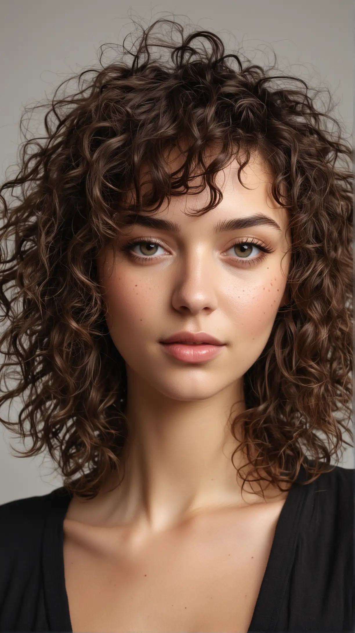 beautiful model, hairstyle The Curly Lob with Messy Bangs, round face, age 30