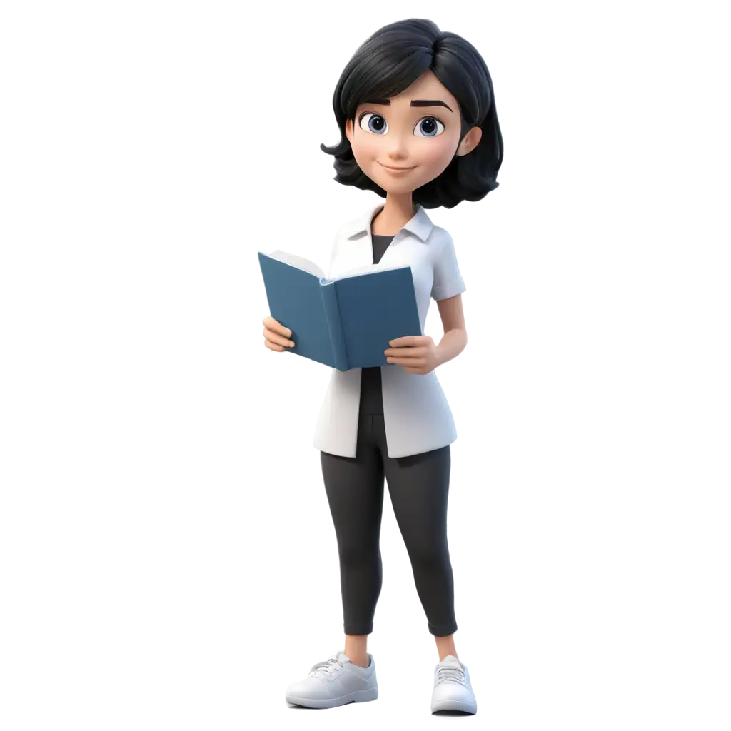 Female teacher, 3D animation, big head Q version, white top, black short hair