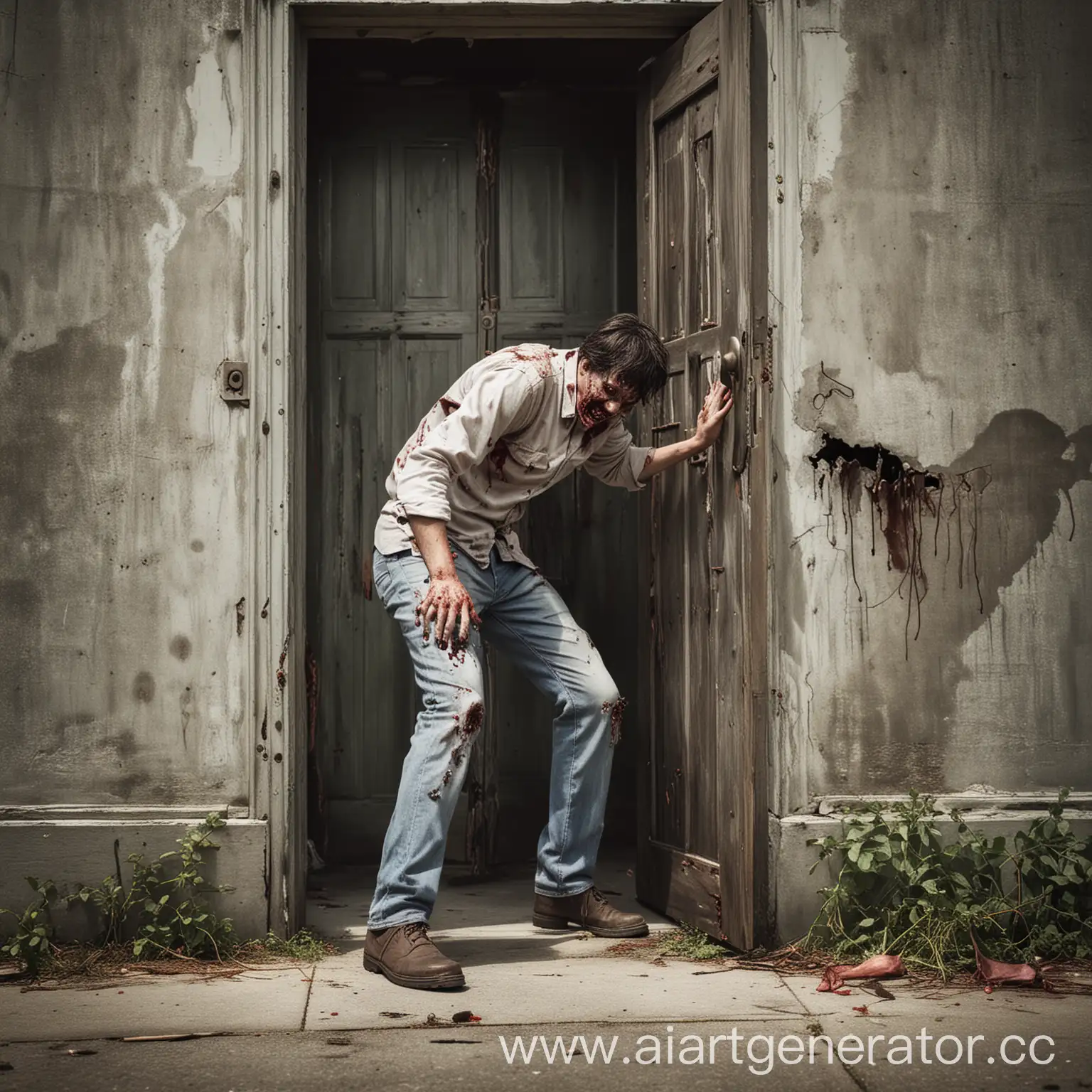 Человек пытается открыть дверь чтобы спрятаться от зомби