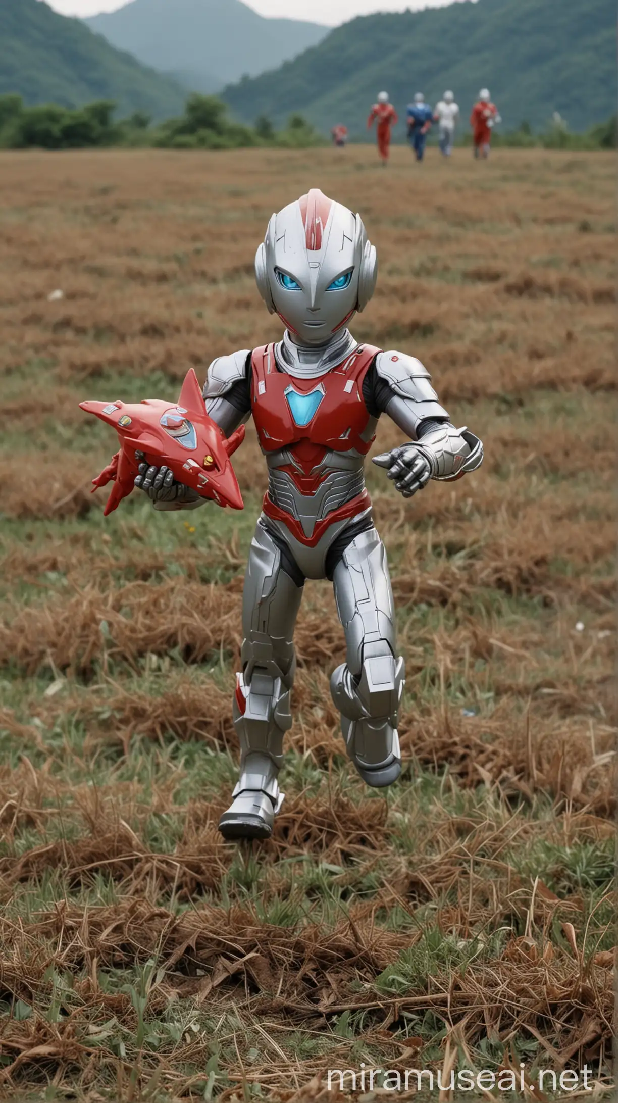 The little boy holds an Ultraman toy in his hand, running in the field, the film crew recruits for posters.