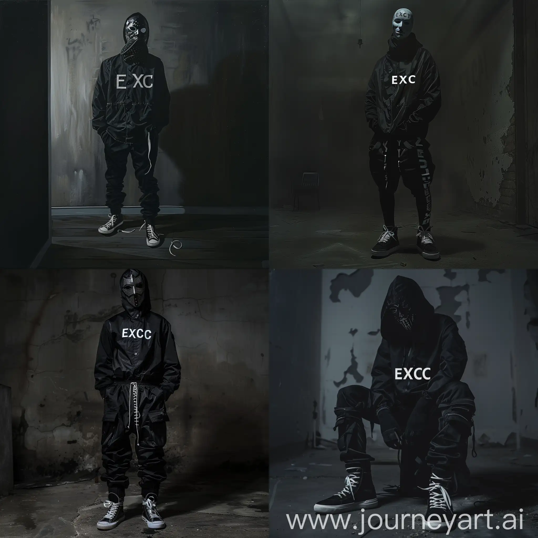 Мужчина в маске анонимуса, черная одежда с белой надписью "EXEC", темная комната, тусклый свет, гипер реализм, максимум деталей, черные кеды с белыми шнурками