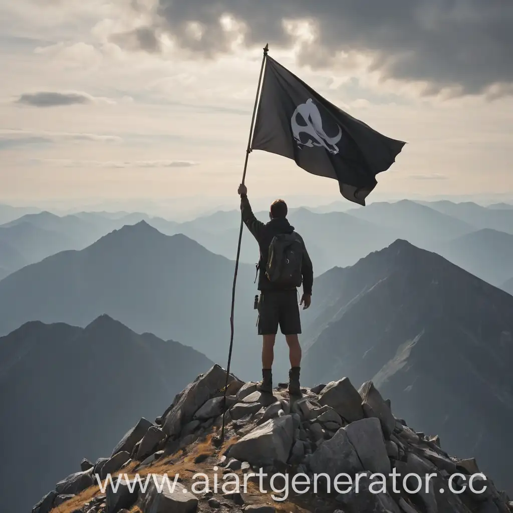 Triumphant-Climber-Raises-Black-Flag-Atop-Mountain-Summit