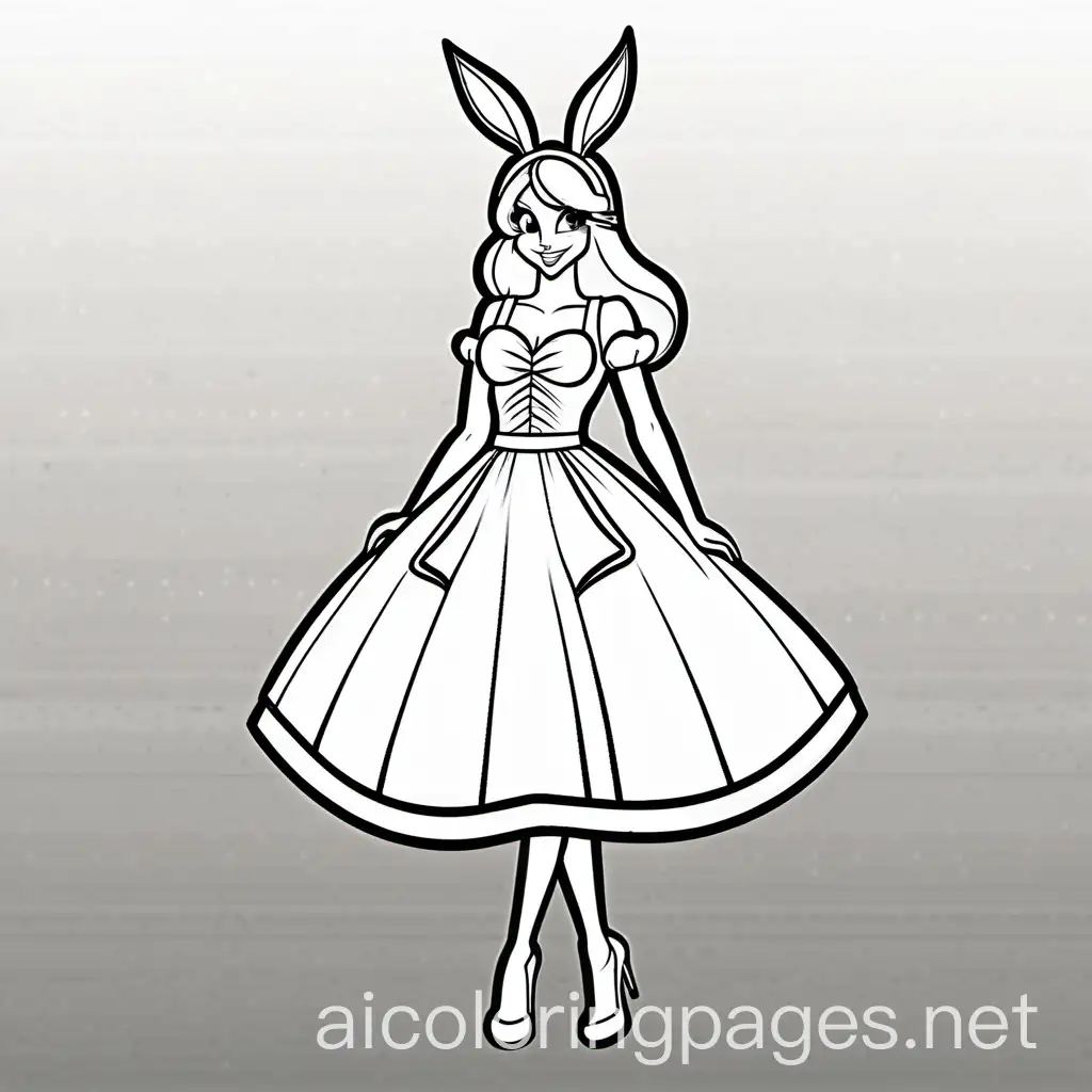 sexy bunny like Lola Bunny in a dress, curtsying, Coloring Page, black and white, line art, white background, Simplicity, Ample White Space. The background of the coloring page is plain white to make it easy for young children to color within the lines. The outlines of all the subjects are easy to distinguish, making it simple for kids to color without too much difficulty