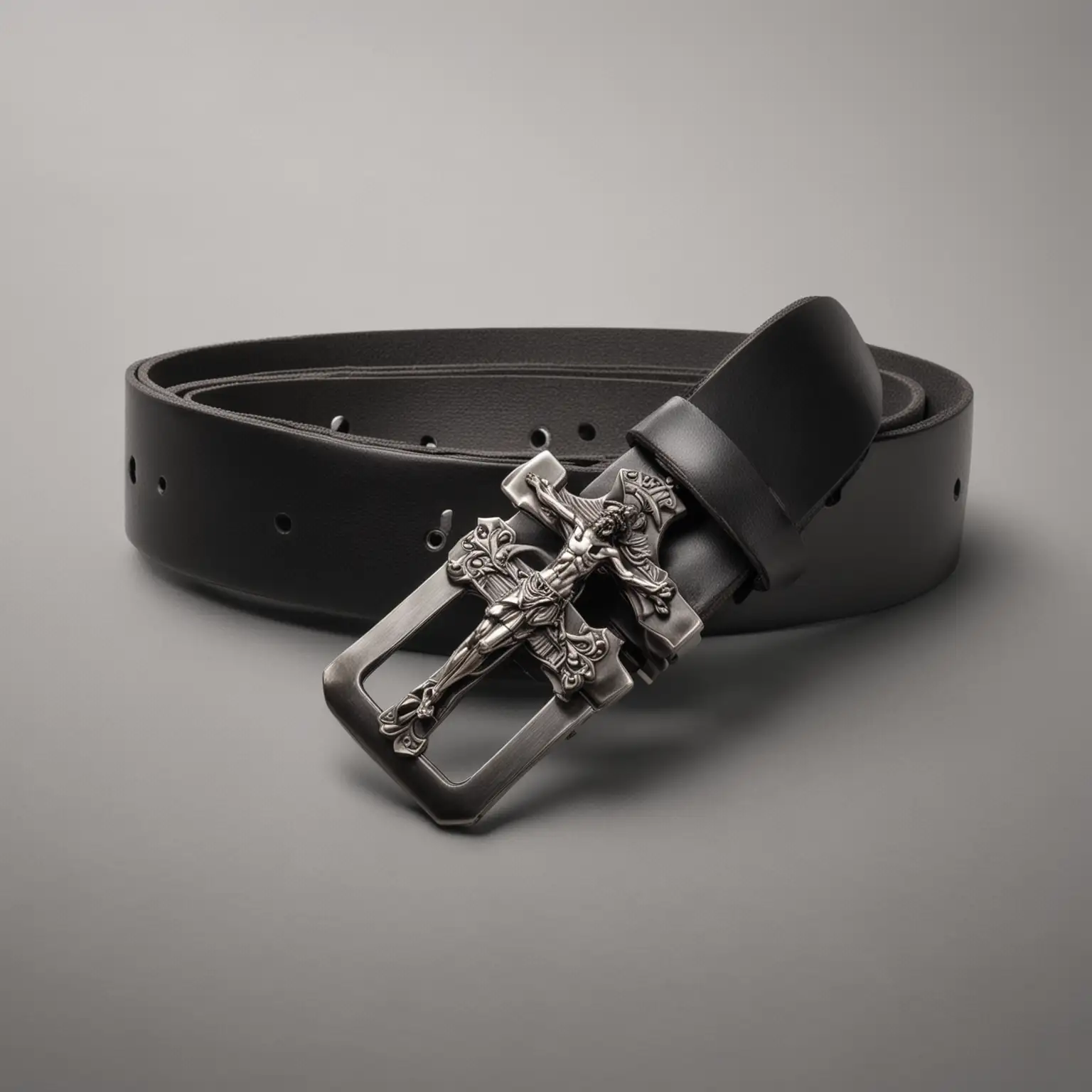 a man's black leather belt lying in a long loop on a white background
belt buckle prong is a simple crucifix 