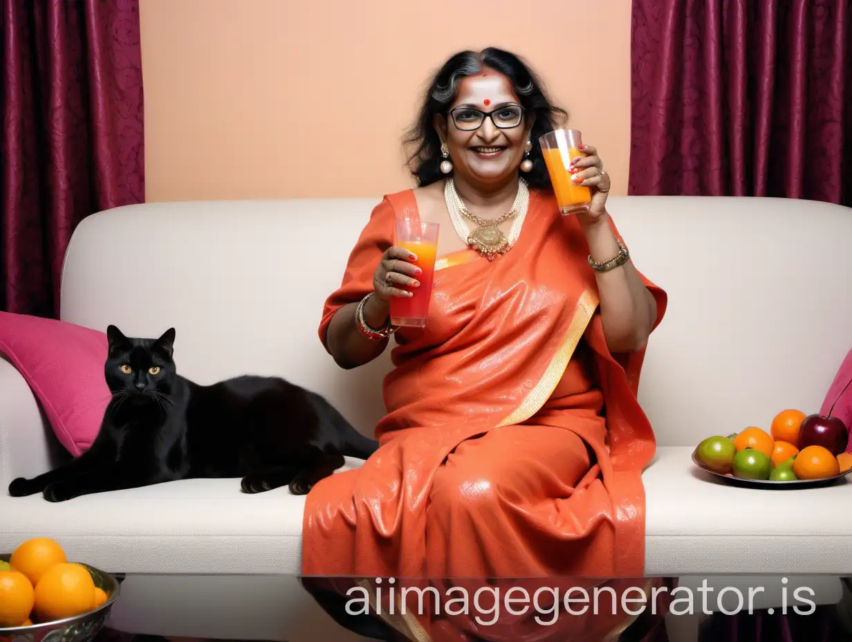 a Indian mature fat woman having big stomach age 49 years old attractive looks with make up on face, binding her high volume hairs, wearing metal anklet on feet and high heels, drinking fruit juice, holding a juice glass. She is happy and smiling. She is wearing pearl neck lace in her neck, earrings in ears, a power spectacles on her eyes and wearing only a white velvet bath towel on her body. She is sitting on a luxurious colorful sofa which is in flower garden, three black cats are sitting on the sofa and a fruit salad glass bowl and its raining time.