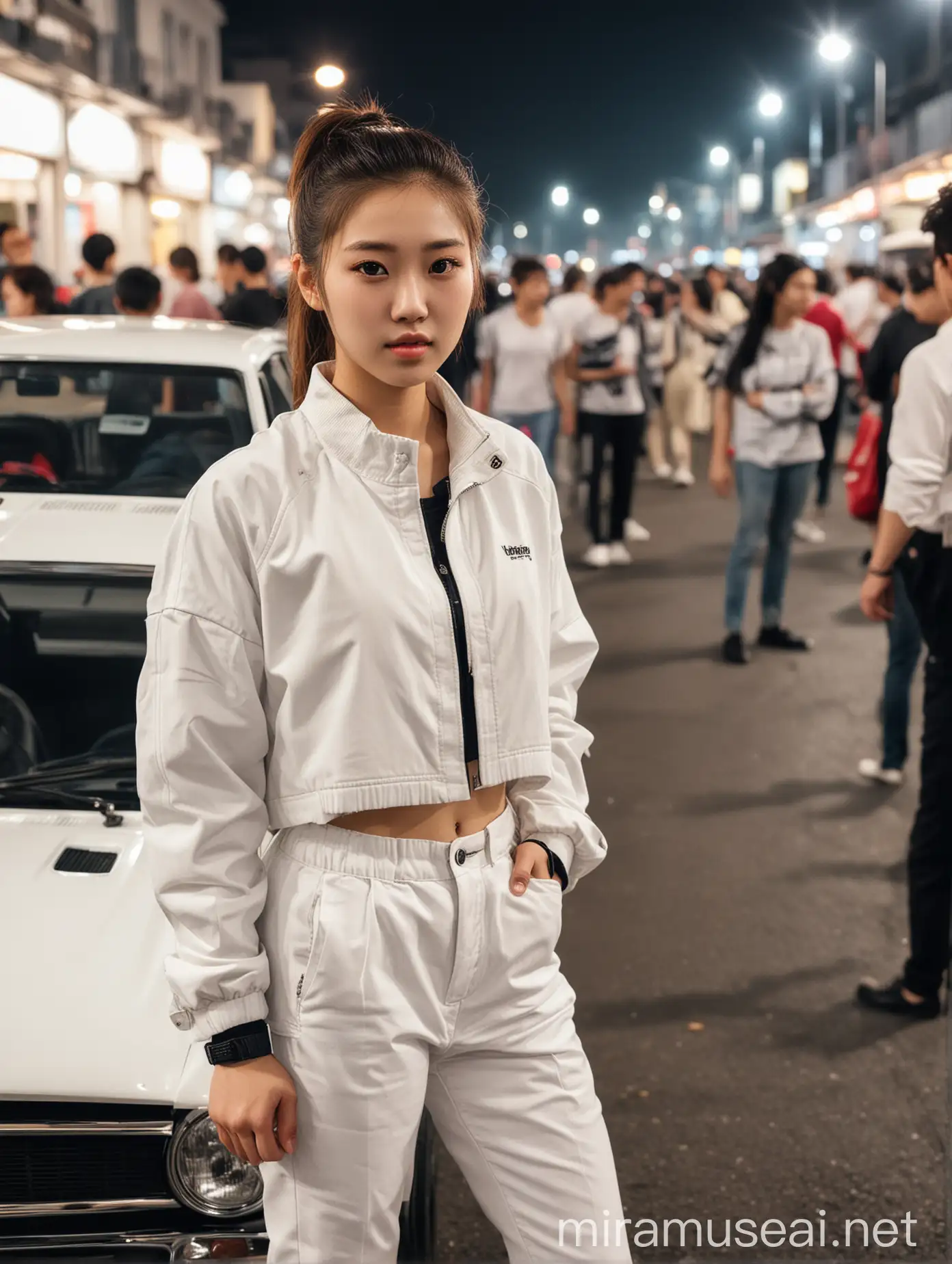 a beautiful Korean girl with her hair tied in a ponytail, wearing a white jacket, white trousers, black shoes, her hands tucked in, is standing next to a white Tamiya car with a handsome young man with layered mulet hair, wearing a white t-shirt, black trousers, black shoes, her hands in her trouser pockets, with a facial expression. proud. with the background of racing on the street with several other cars and there are people in the evening atmosphere with thin smoke on the road and around the car